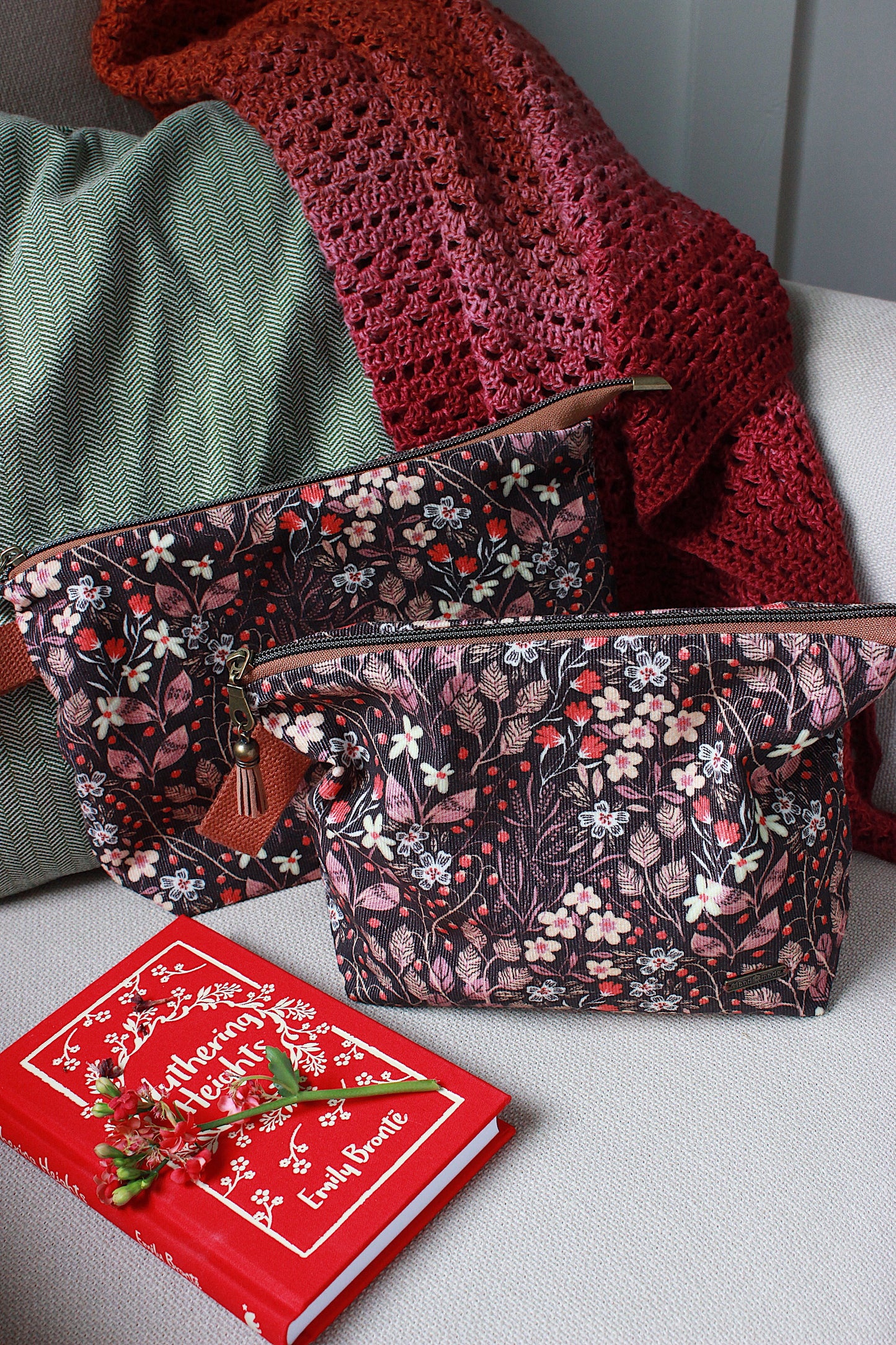 Autumnal Floral Needlecord Knitting Project Bag with Built-in Needle Holder