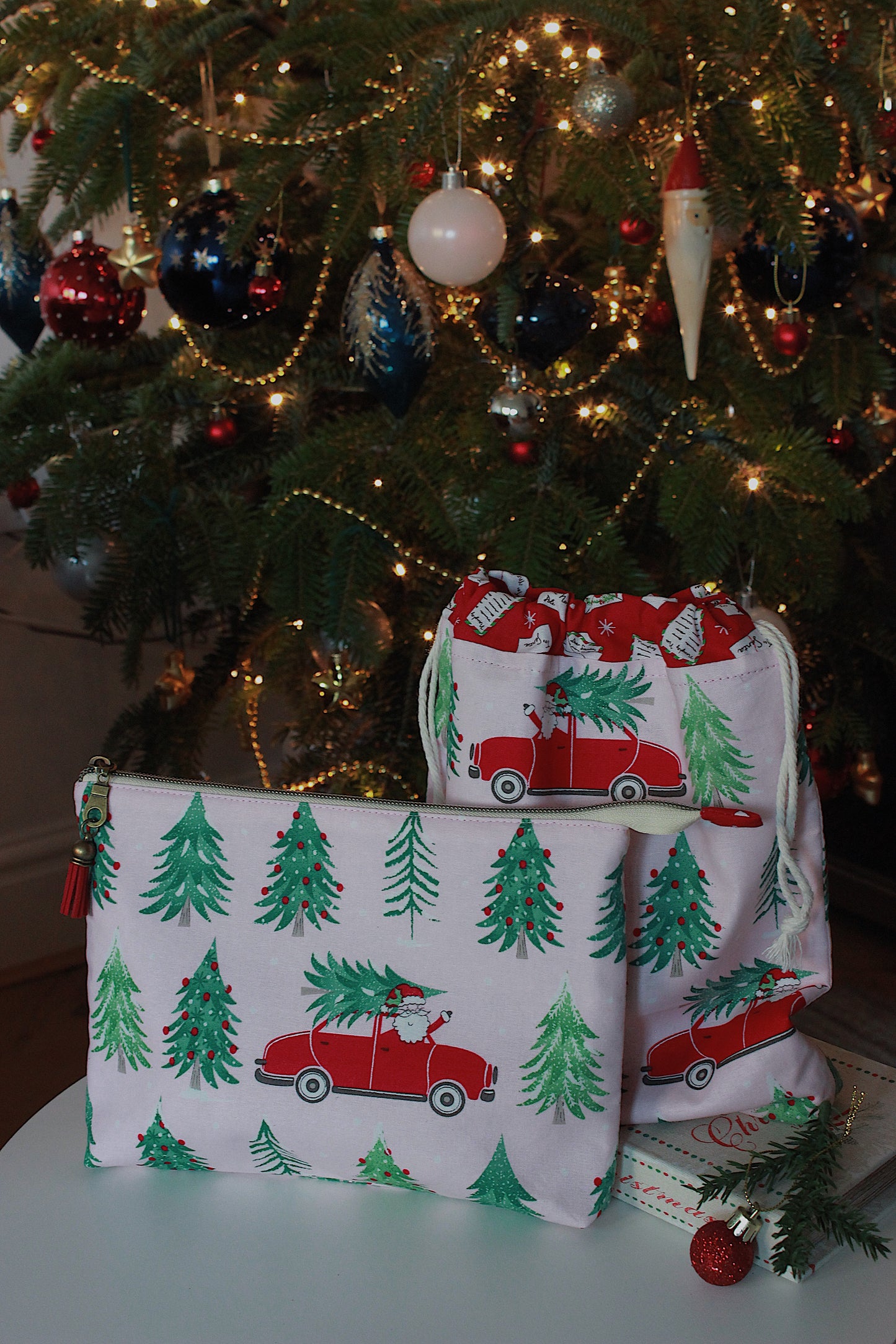 Christmas Knitting Project Bag & Notions Pouch - Santa in Red Car, Pink & GreenFestive Trees