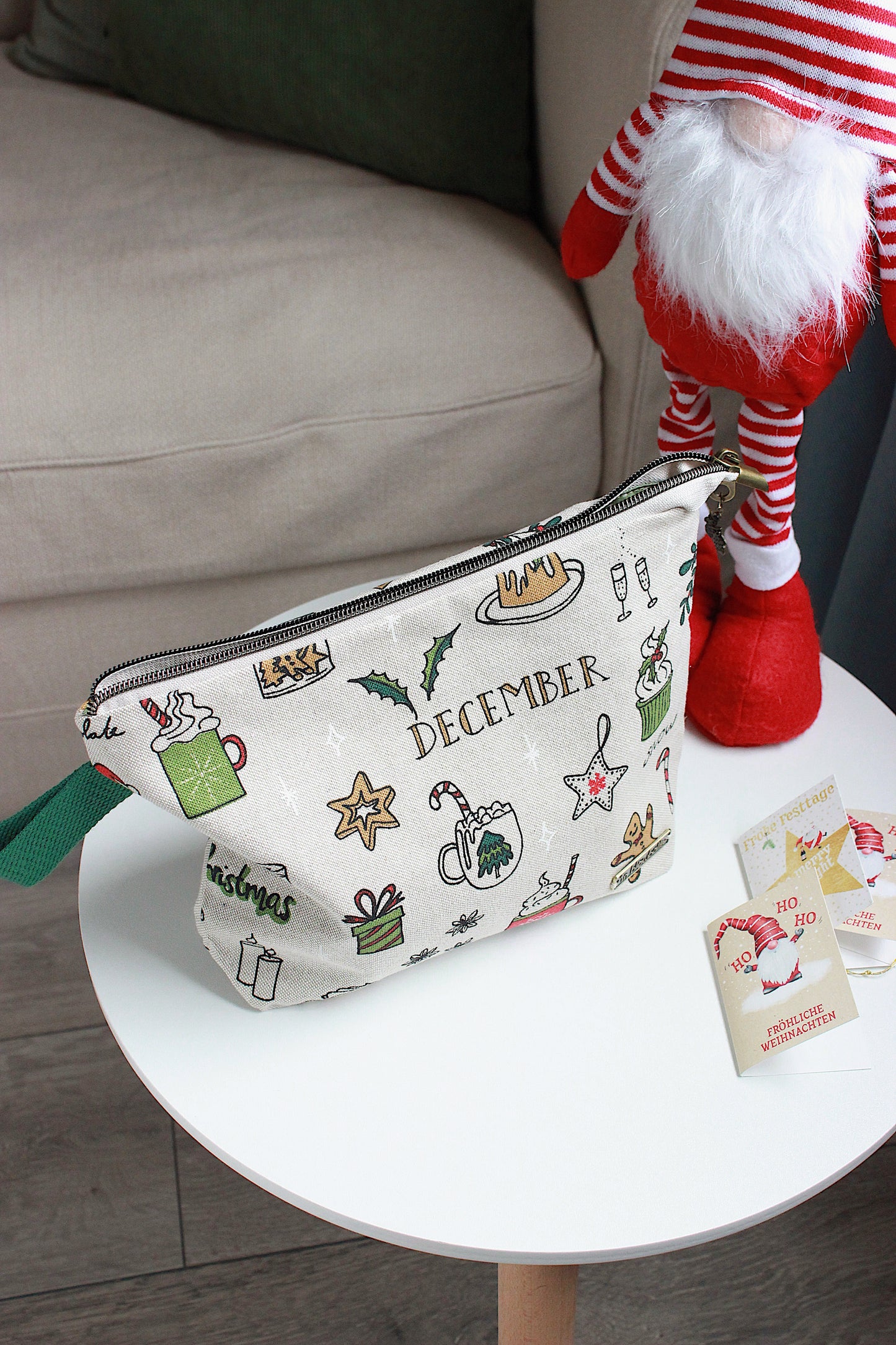 Festive Knitting Project Bag with Built-in Needle Holder | Printed Digital Canvas Fabric | Sage Dot Lining