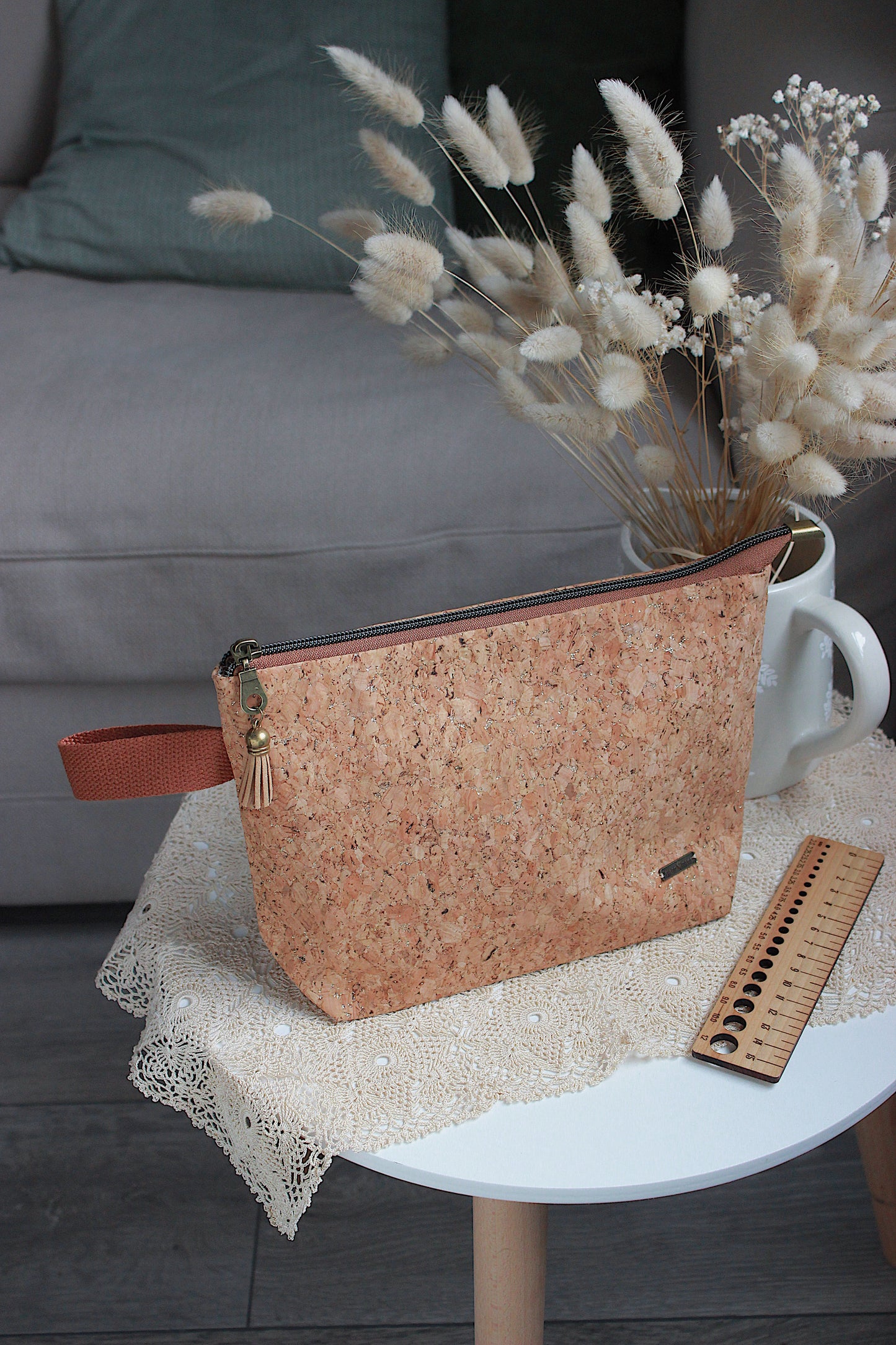 Cork Fabric Knitting Project Bag with Built-in Needle Holder