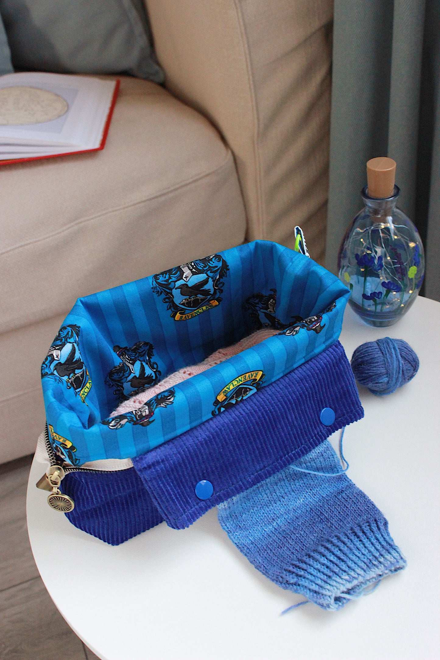 Ravenclaw-Inspired Corduroy Knitting Project Bag with Built-in Needle Holder