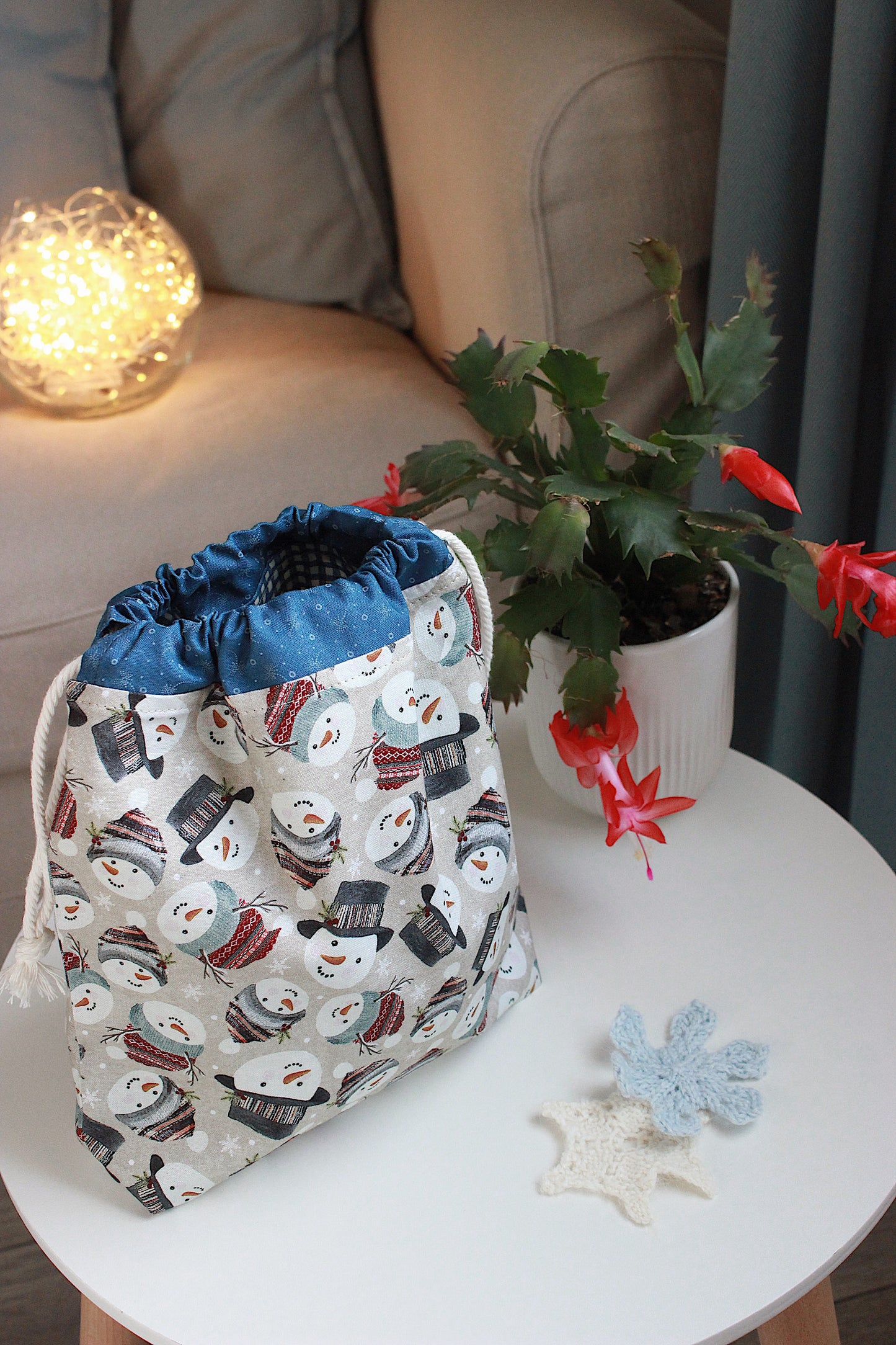 Christmas Snowmen Drawstring Project Bag