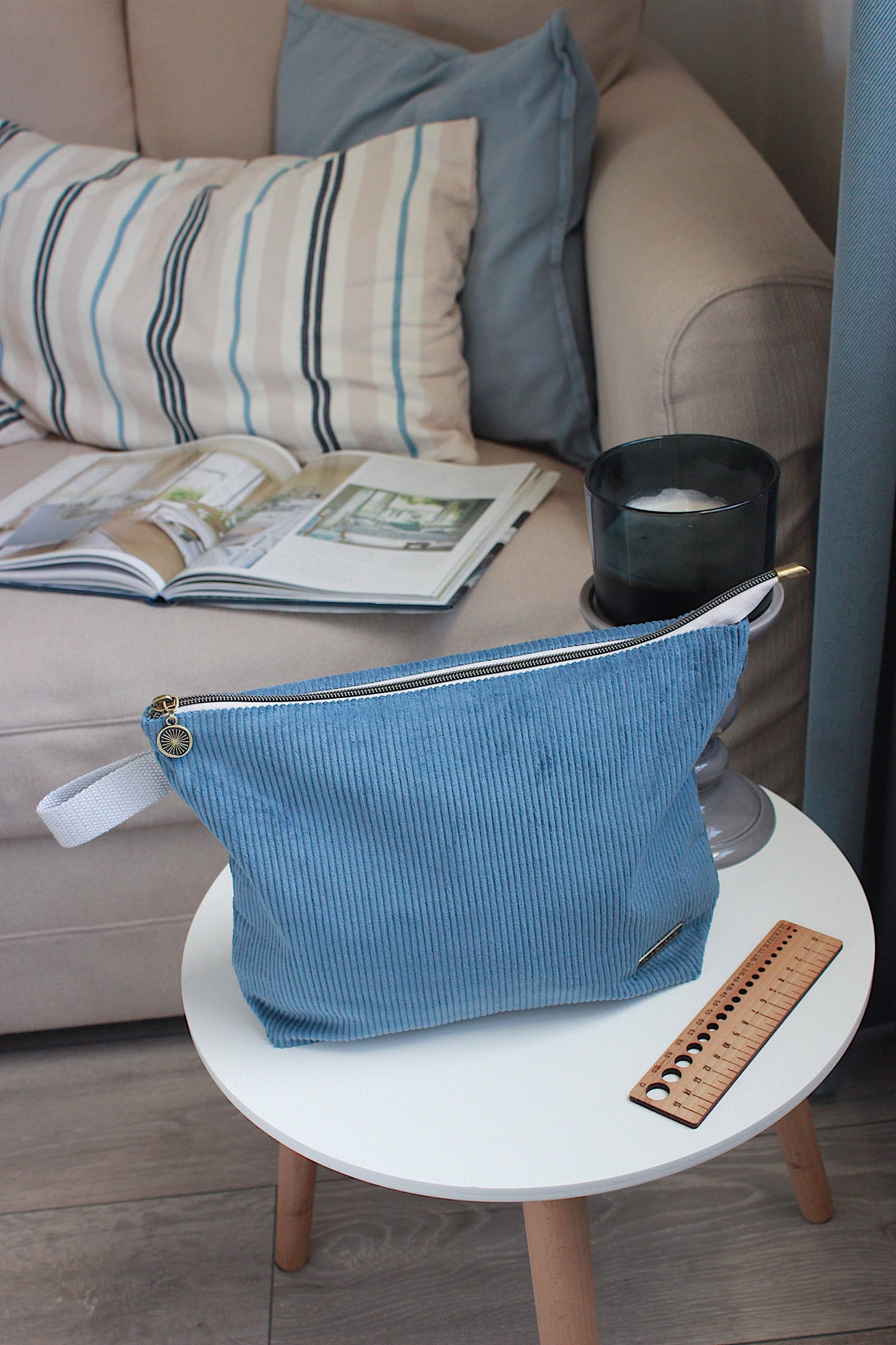 Blue Corduroy Knitting Project Bag with Built-in Needle Holder with Llama Lining