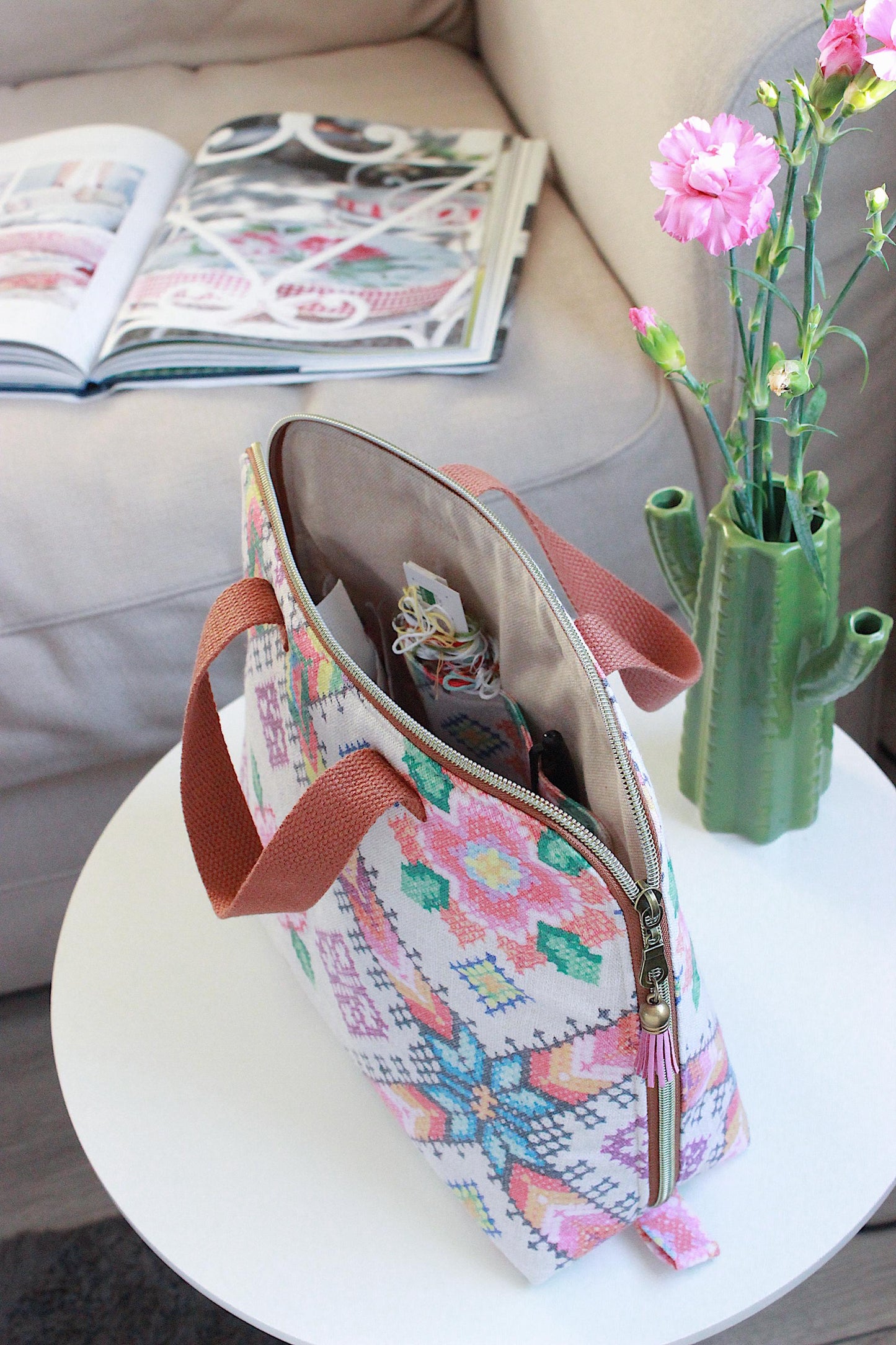 cross stitch bag
craft project bag
floral project bag
knitting bag
crochet bag
yarn storage
handmade bag
craft organiser
project pouch
embroidery bag
UK handmade
stitching bag
maker gift