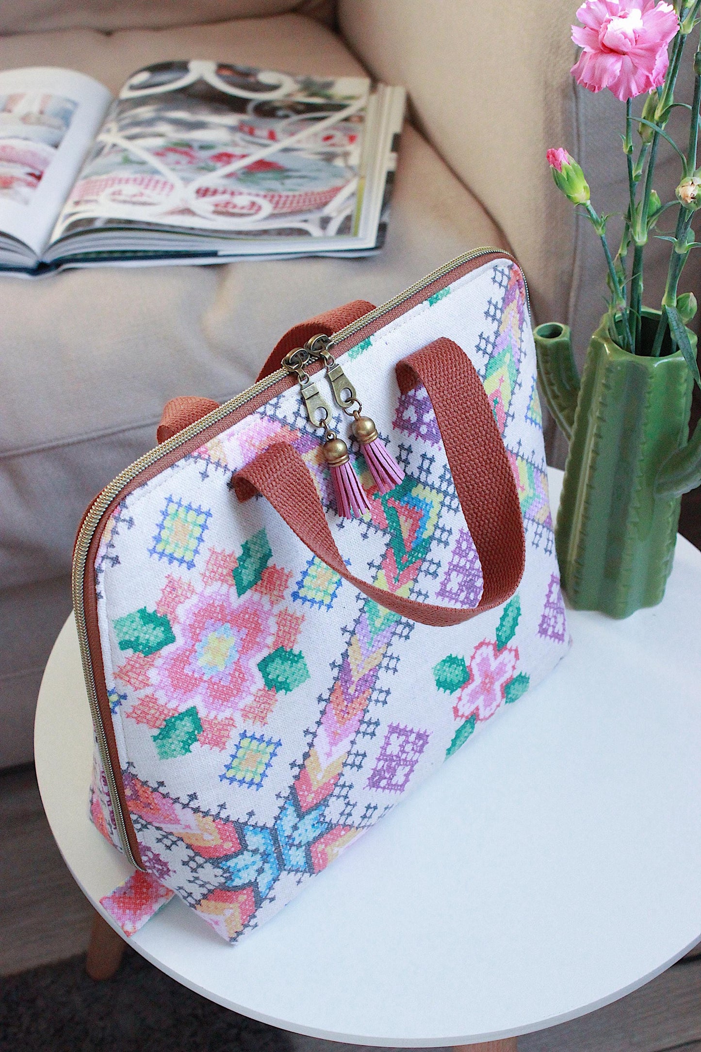 cross stitch bag
craft project bag
floral project bag
knitting bag
crochet bag
yarn storage
handmade bag
craft organiser
project pouch
embroidery bag
UK handmade
stitching bag
maker gift