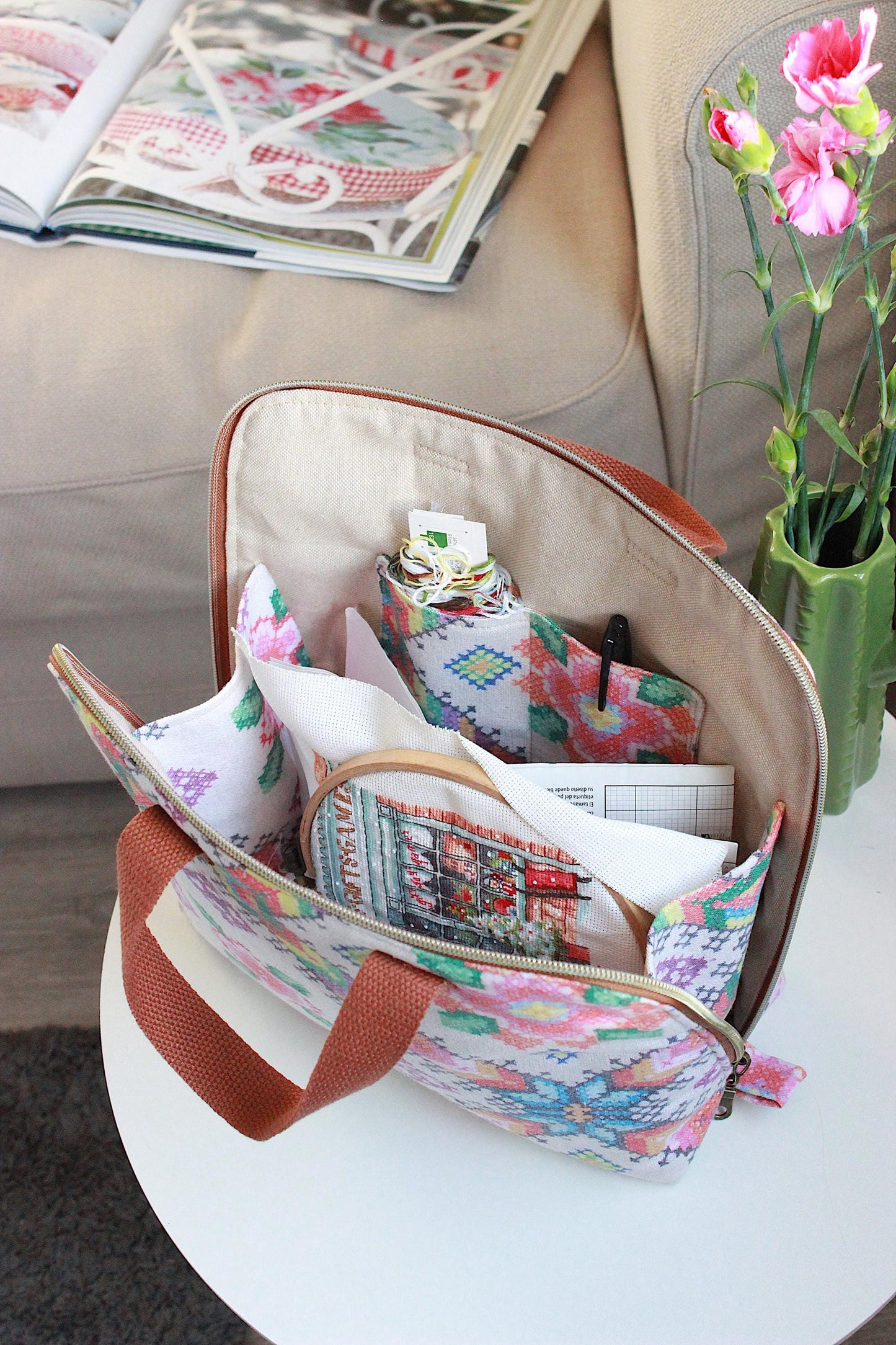 cross stitch bag
craft project bag
floral project bag
knitting bag
crochet bag
yarn storage
handmade bag
craft organiser
project pouch
embroidery bag
UK handmade
stitching bag
maker gift