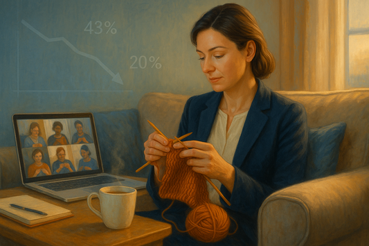A woman knitting in a cozy setting, reflecting on creativity and calm, related to "Cast on, breathe out" - A Pocket-Sized Safety Valve for Over-Scheduled Souls.