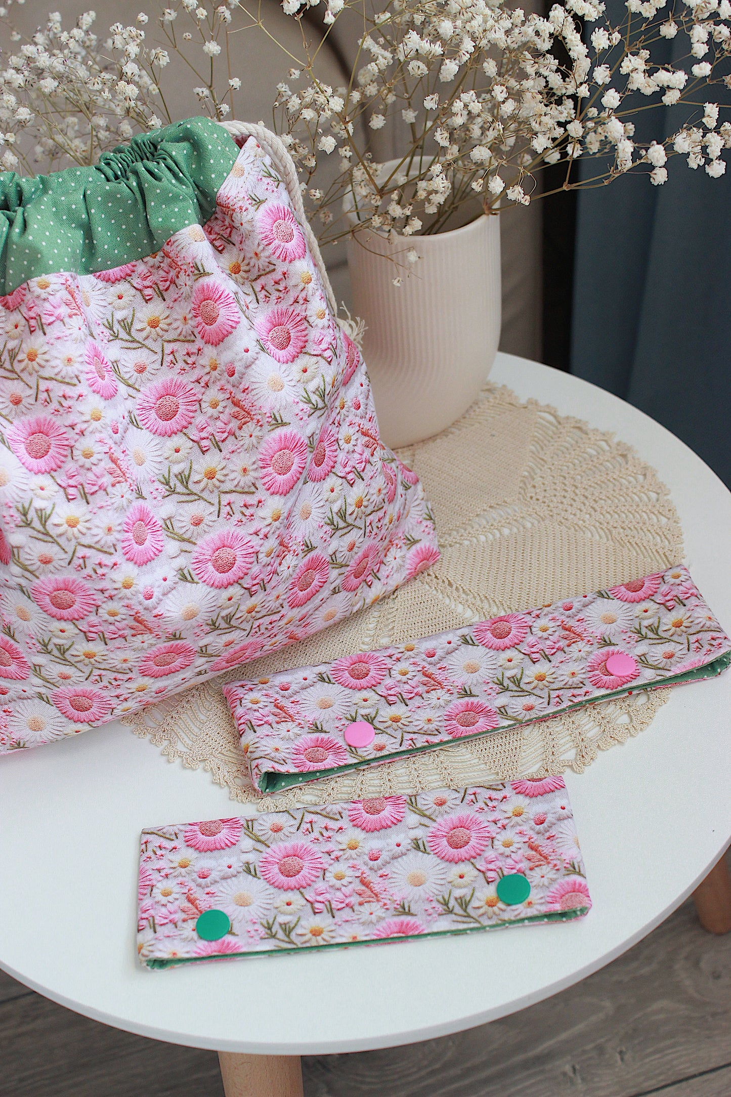 Embroidery Look Pink Floral Drawstring Project Bag & DPN/Crochet Hook Holder