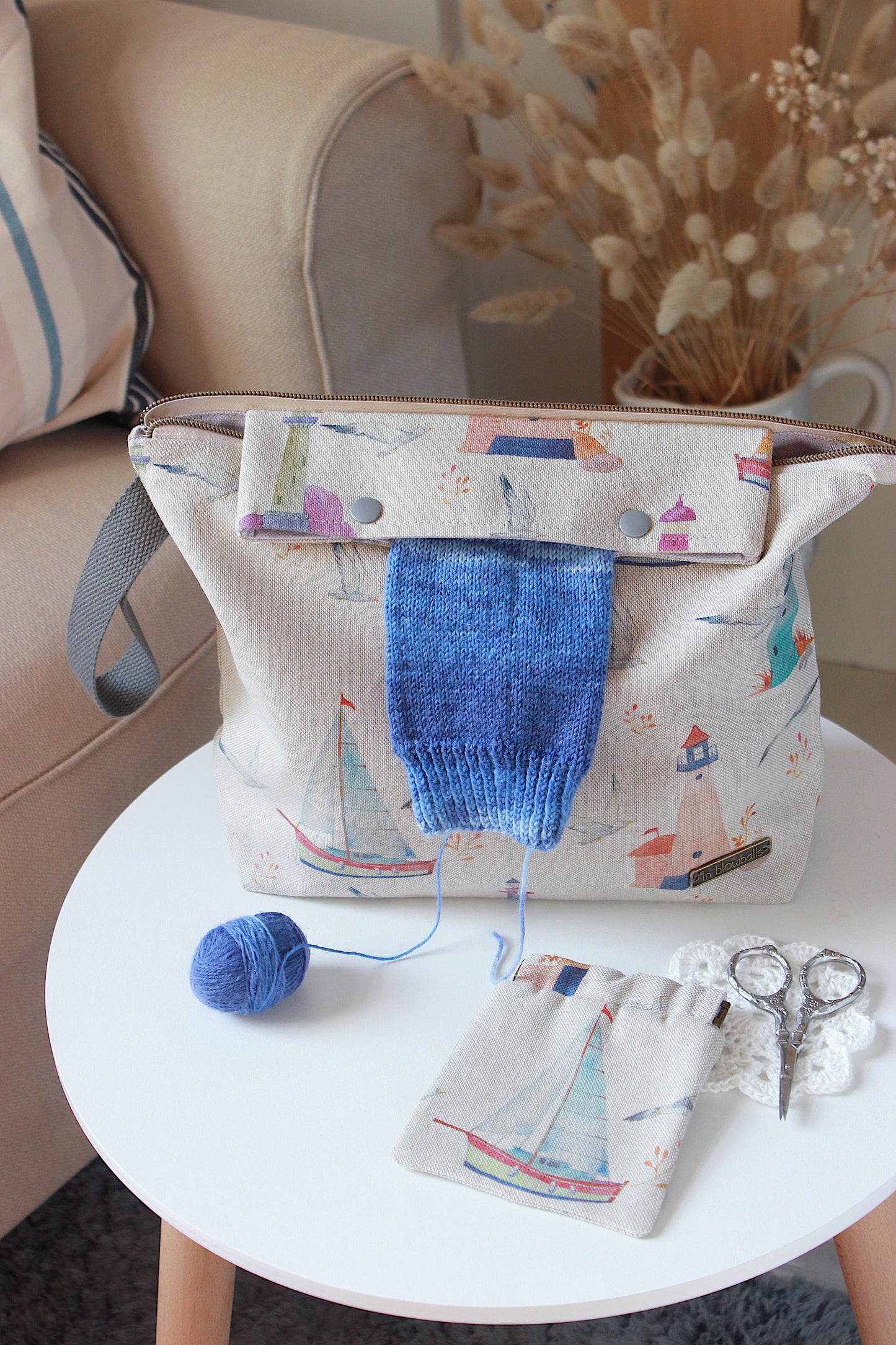 Knitting Project Bag with Built-in 20cm 8” DPN Holder & Matching Squeeze Purse | Coastal Romance Printed Digital Canvas Fabric