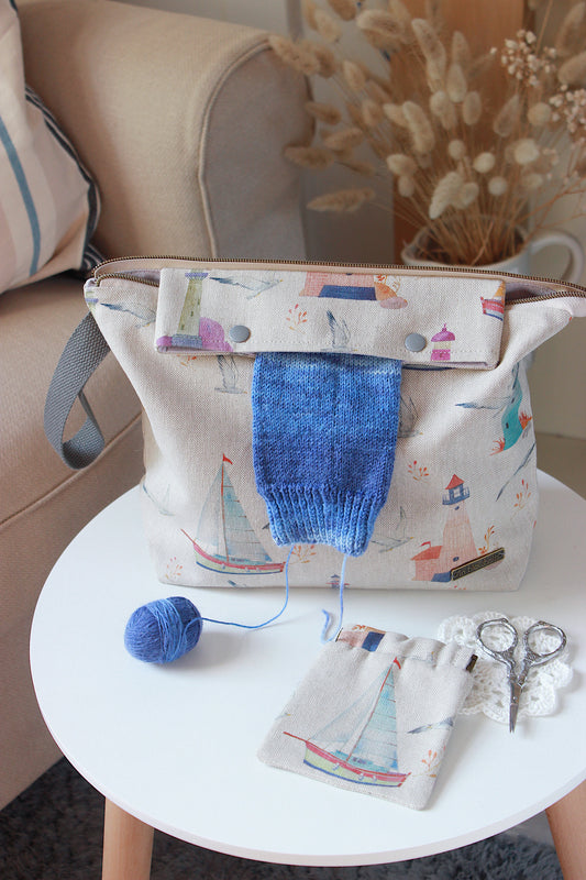 Knitting Project Bag with Built-in 20cm 8” DPN Holder & Matching Squeeze Purse | Coastal Romance Printed Digital Canvas Fabric