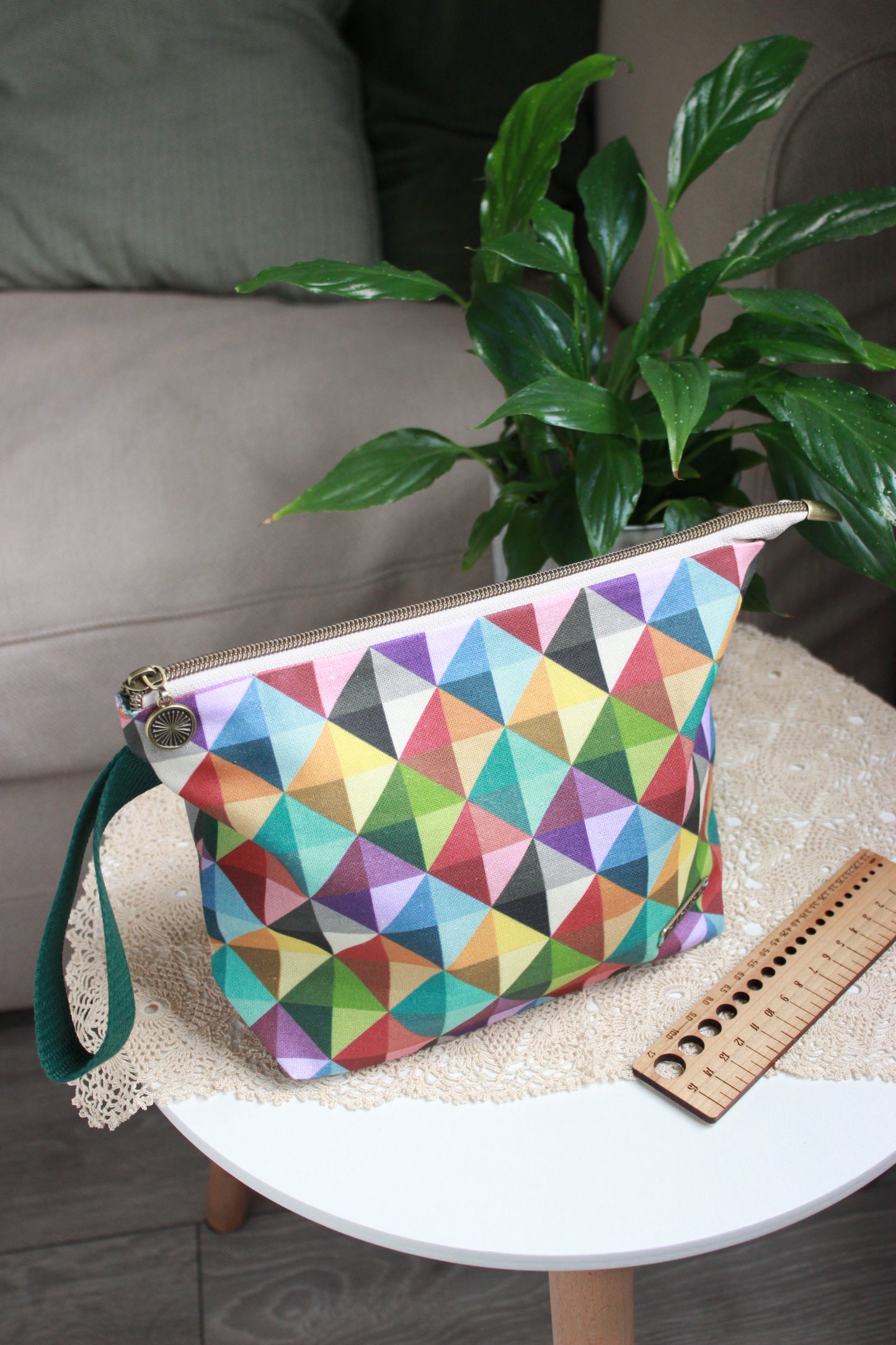 Vibrant Triangle Canvas Knitting Project Bag with Built-in DPN Holder