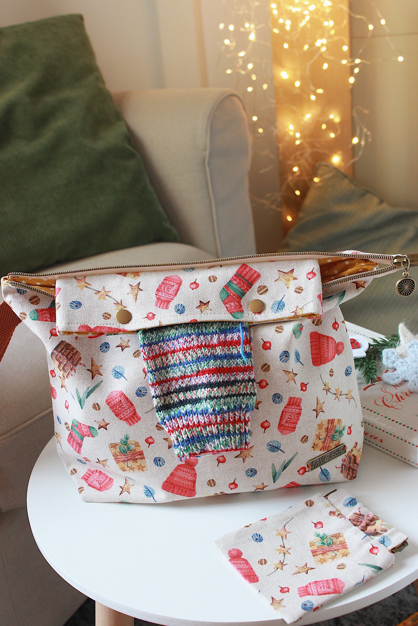 Christmas Knitting Project Bag with Built-in 20cm 8” Needle Holder | Printed Digital Canvas Fabric | Mustard Polka-dot Cotton Lining