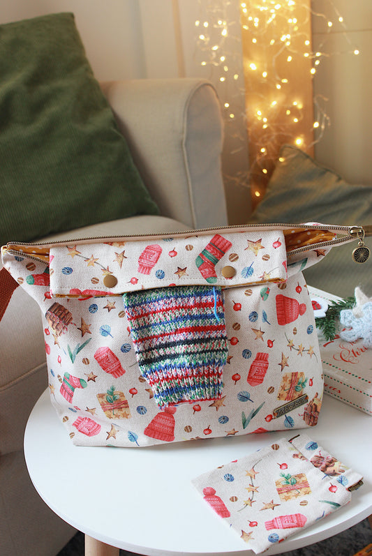 Christmas Knitting Project Bag with Built-in 20cm 8” Needle Holder | Printed Digital Canvas Fabric | Mustard Polka-dot Cotton Lining