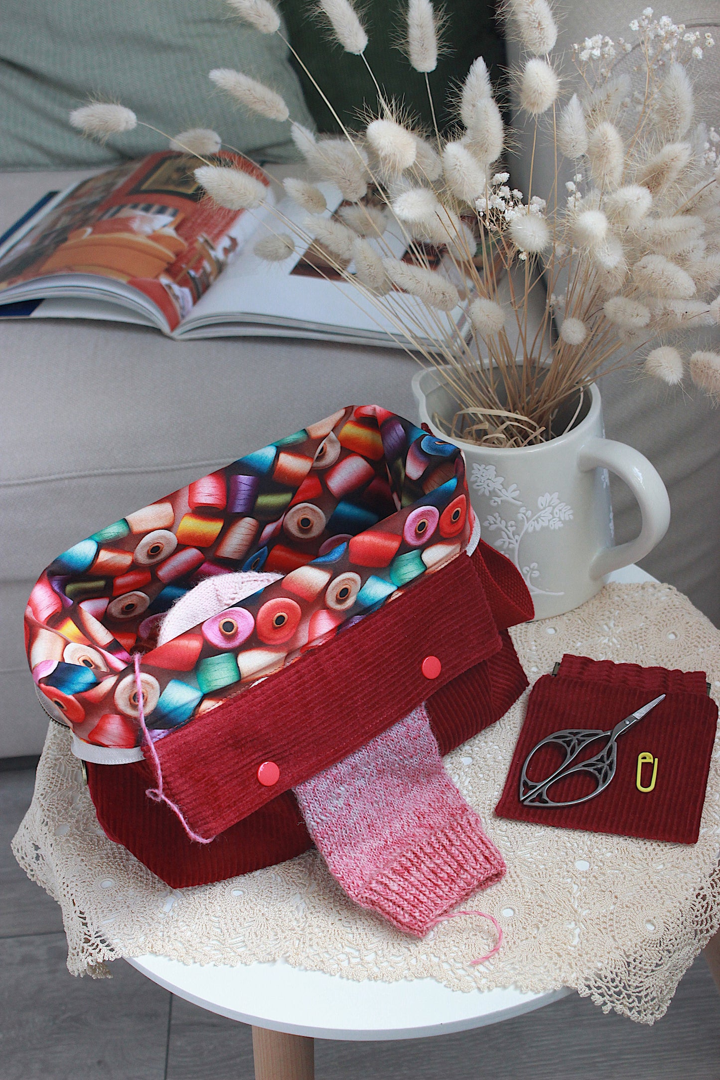 Burgundy Cotton Corduroy Knitting Project Bag & Squeeze Purse | Handmade To Order