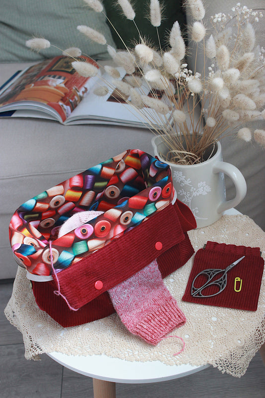 Burgundy Cotton Corduroy Knitting Project Bag & Squeeze Purse | Handmade To Order