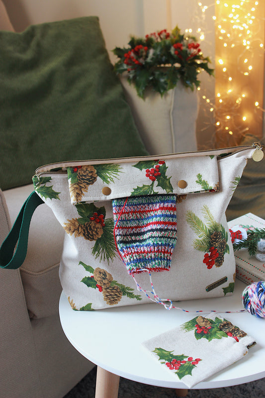 Christmas Knitting Project Bag with Built-in 20cm 8” Needle Holder | Printed Digital Canvas Fabric | Glitter Cotton Lining