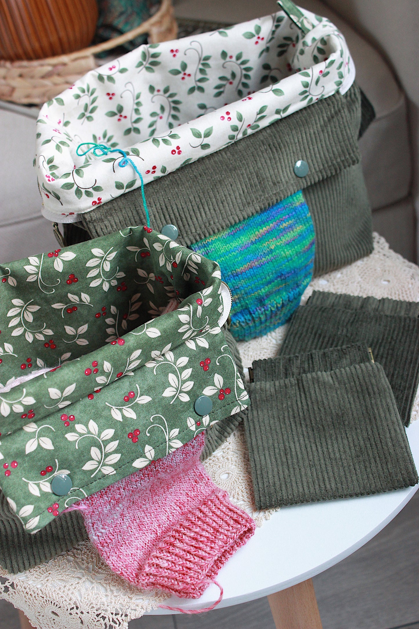 Olive Green Corduroy Knitting Project Bag with Built-in Needle Holder & Matching Squeeze Purse