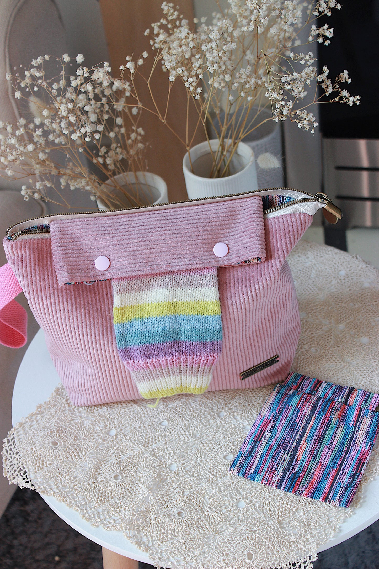 Dusty Pink Corduroy Knitting Project Bag with Built-in Needle Holder & Matching Squeeze Purse |Handmade To Order