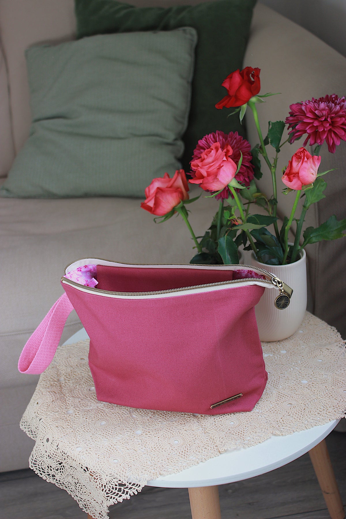 Magenta Canvas Knitting Project Bag with Built-in DPN Holder