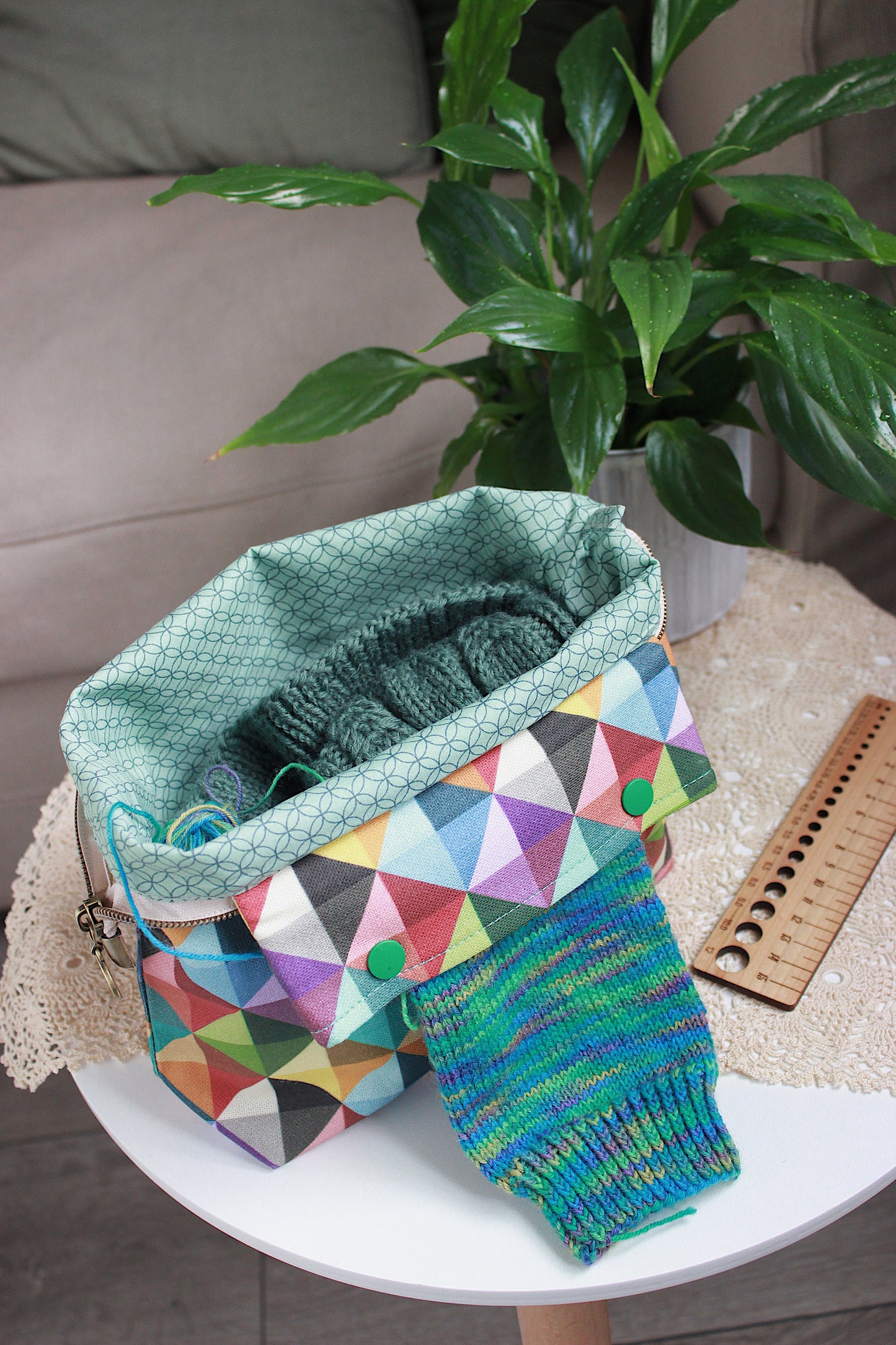 Vibrant Triangle Canvas Knitting Project Bag with Built-in DPN Holder