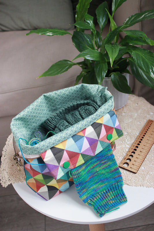 Vibrant Triangle Canvas Knitting Project Bag with Built-in DPN Holder