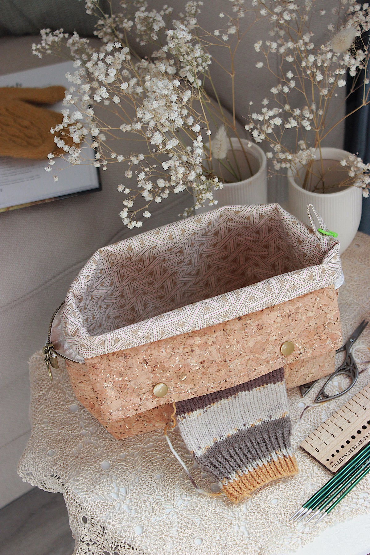 Cork Fabric Knitting Project Bag with Built-in Needle Holder