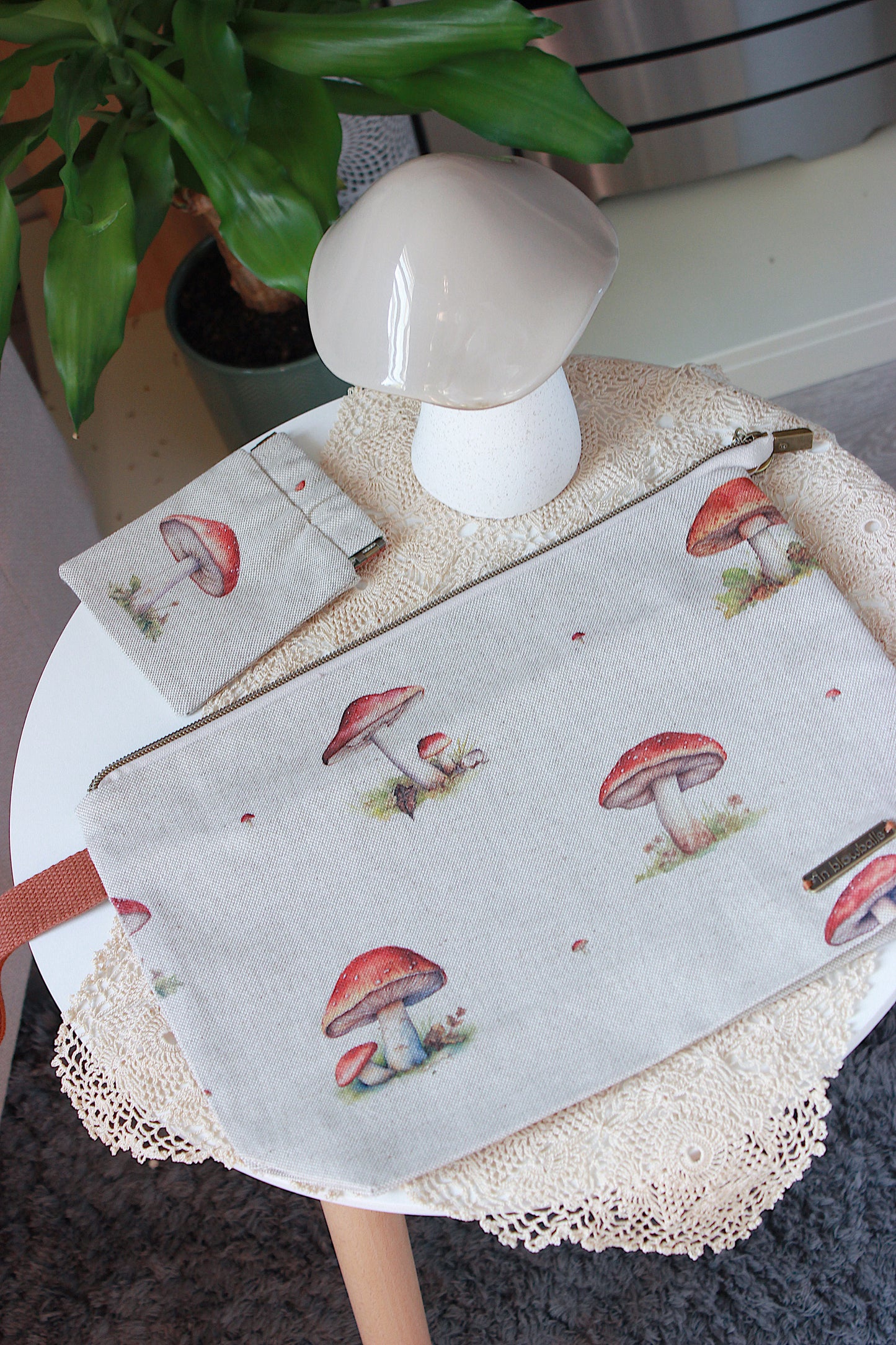 Knitting Project Bag with Built-in 20cm 8” DPN Holder & Matching Squeeze Purse | Mushrooms Printed Digital Canvas Fabric