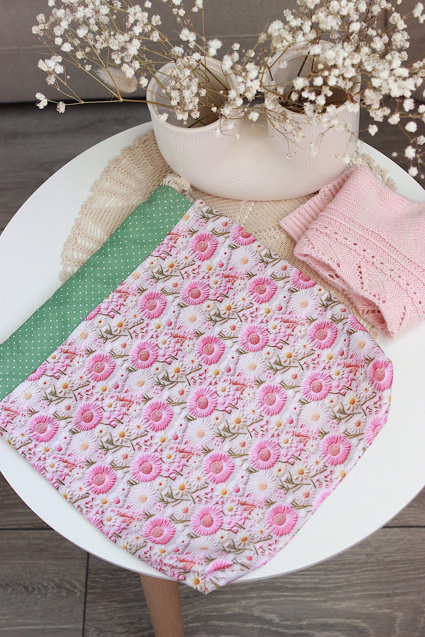 Embroidery Look Pink Floral Drawstring Project Bag & DPN/Crochet Hook Holder