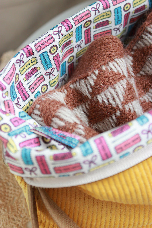 Yellow Corduroy Knitting Project Bag with Built-in Needle Holder & Matching Squeeze Purse |Handmade To Order