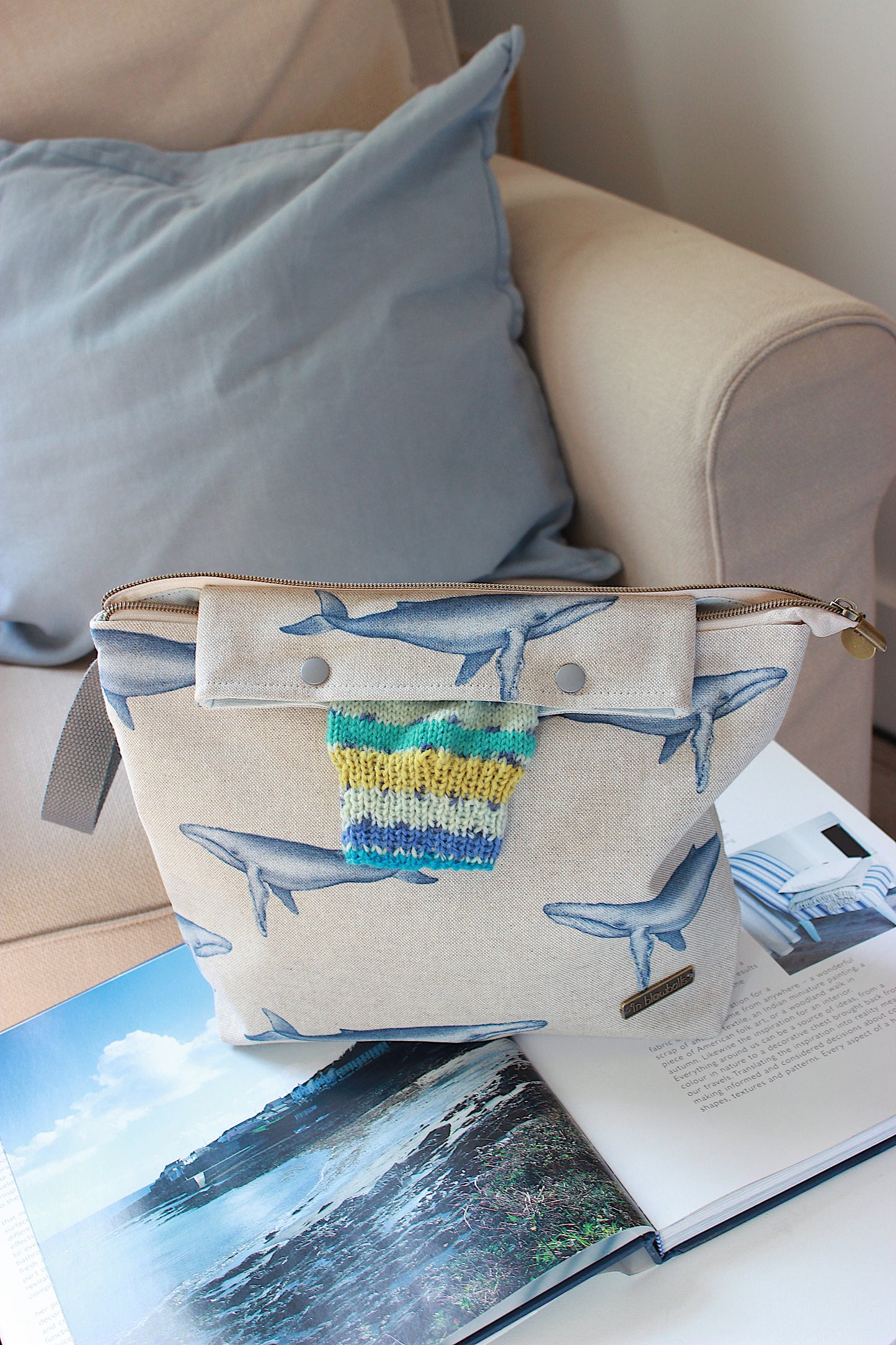 Knitting Project Bag with Built-in DPN Holder “Whales” Print  Printed Digital Canvas Fabric | Handmade To Order