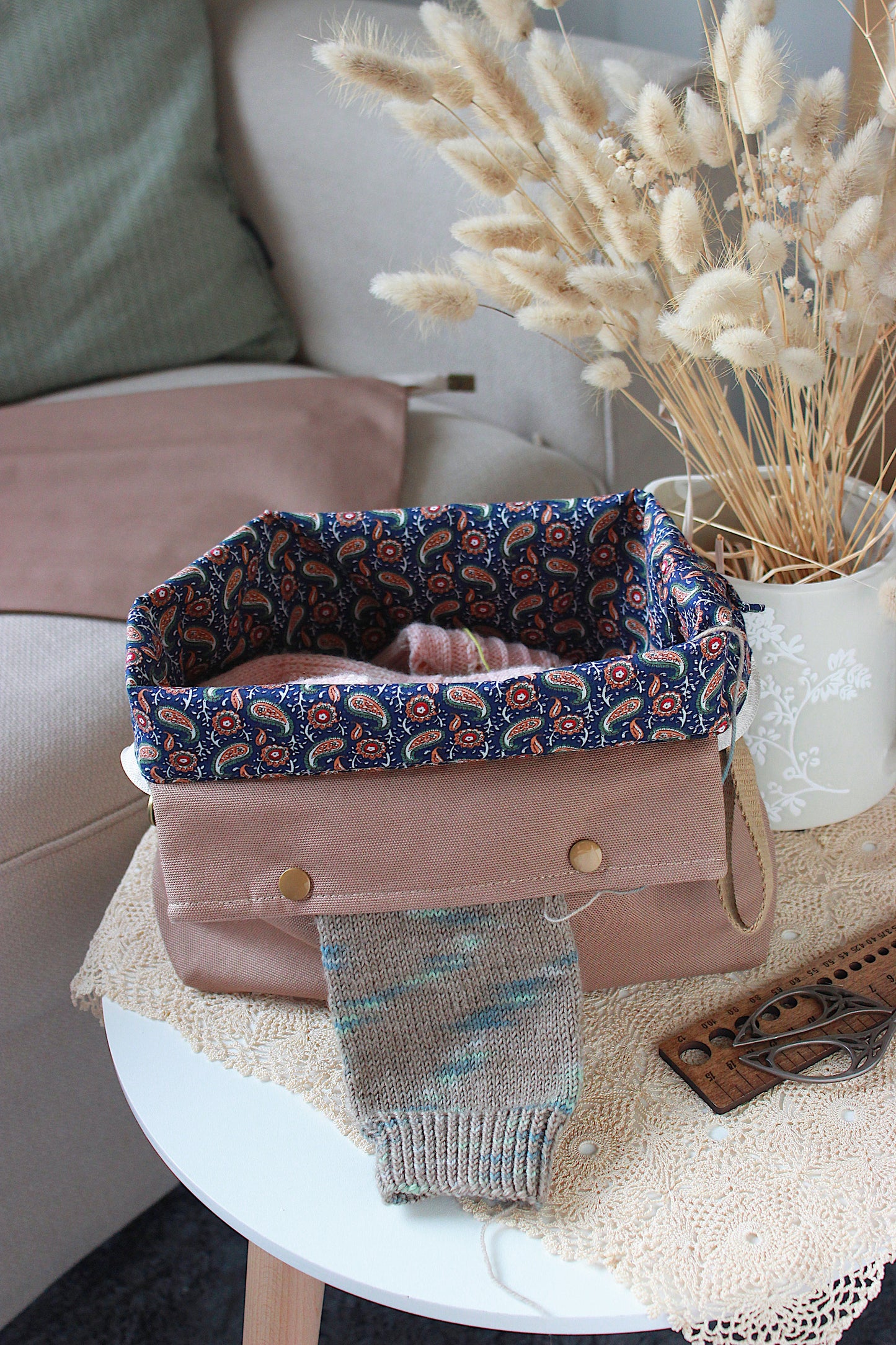 Latte Canvas Knitting Project Bag with Built-in DPN Holder