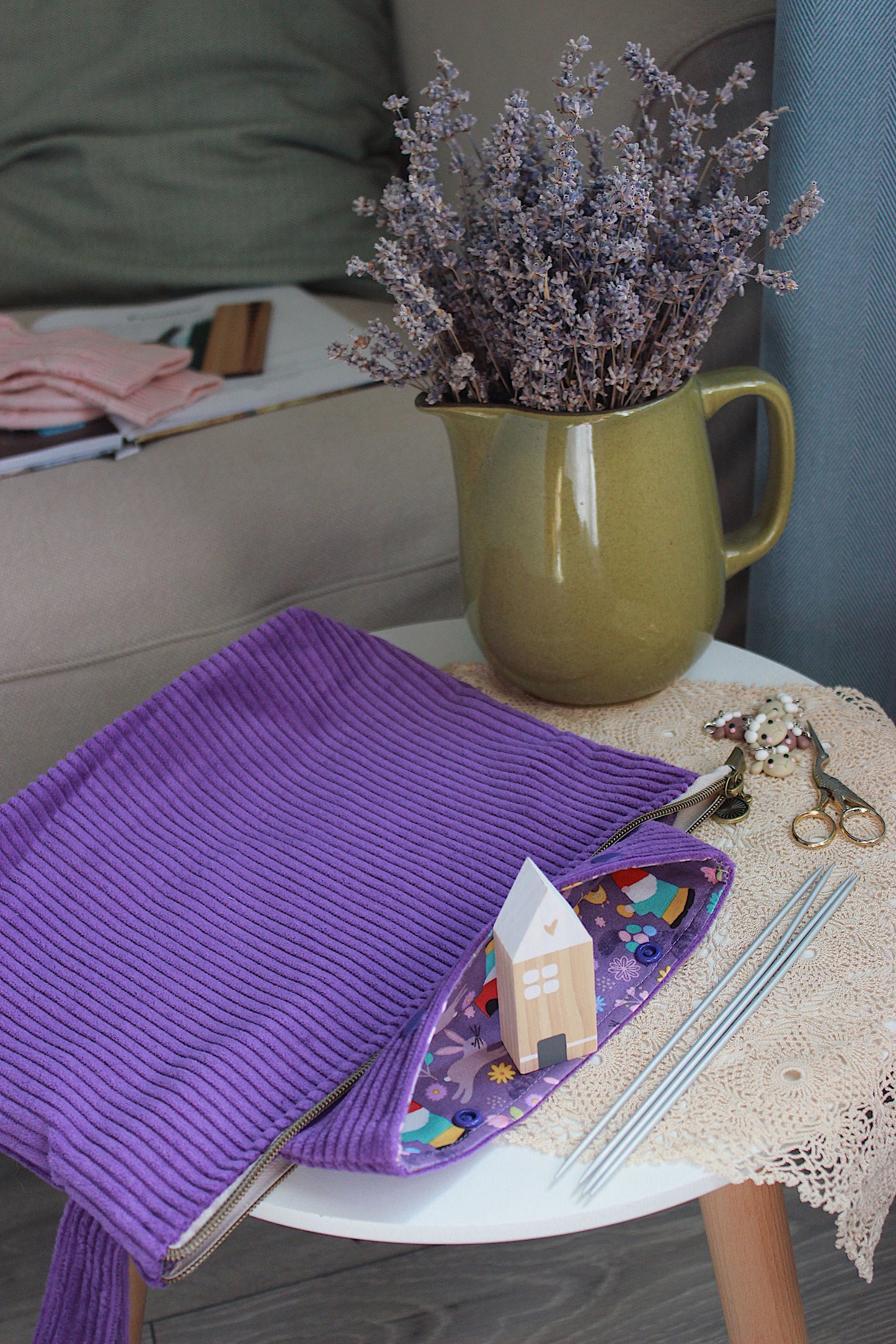 Easter Inspired Purple Corduroy Knitting Project Bag with Built-in Needle Holder & Matching Squeeze Purse