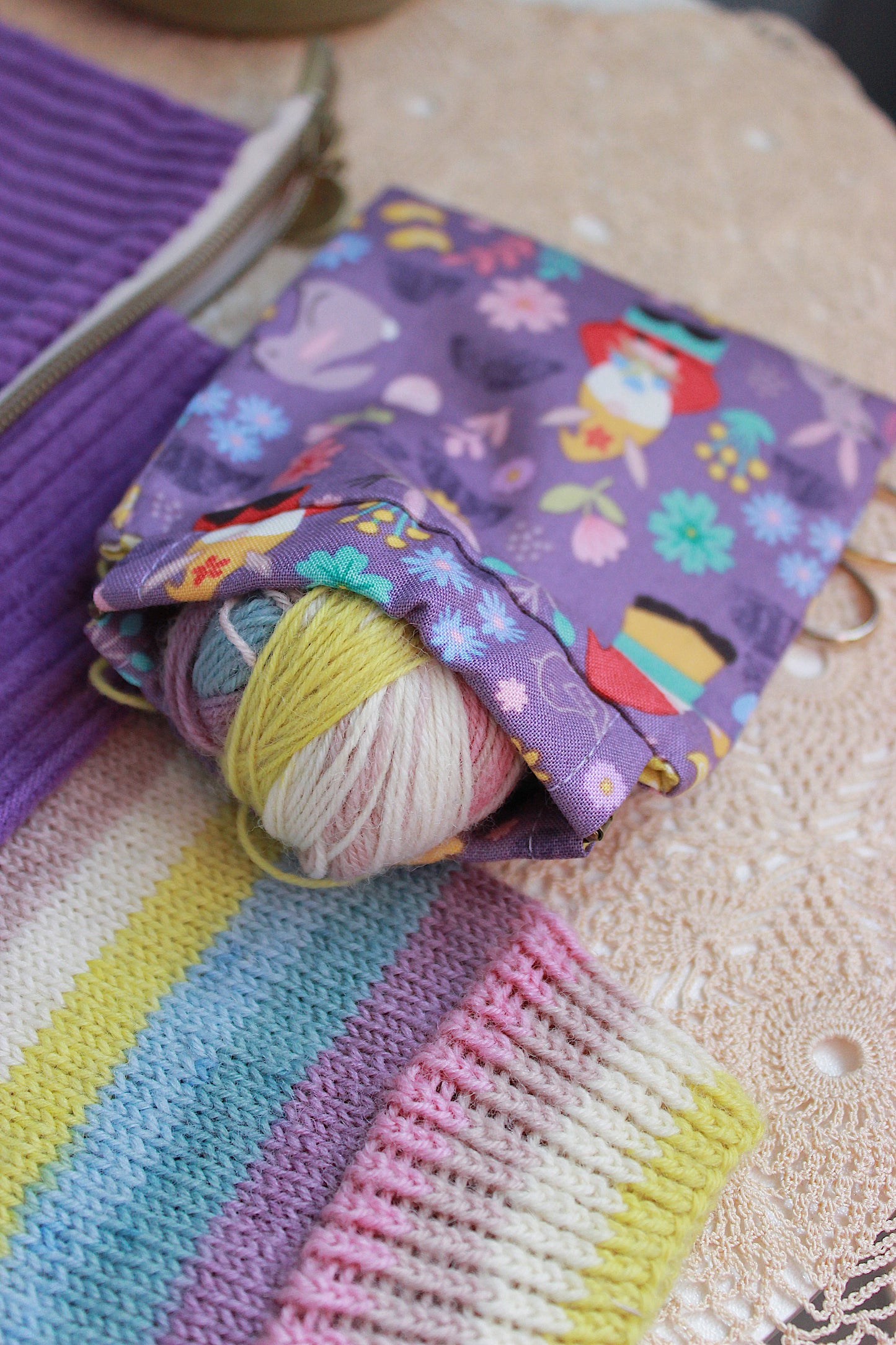 Easter Inspired Purple Corduroy Knitting Project Bag with Built-in Needle Holder & Matching Squeeze Purse