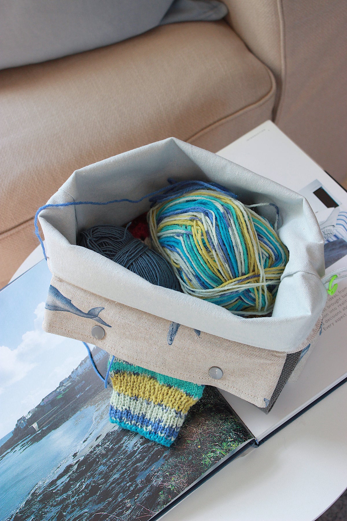 Knitting Project Bag with Built-in DPN Holder “Whales” Print  Printed Digital Canvas Fabric | Handmade To Order
