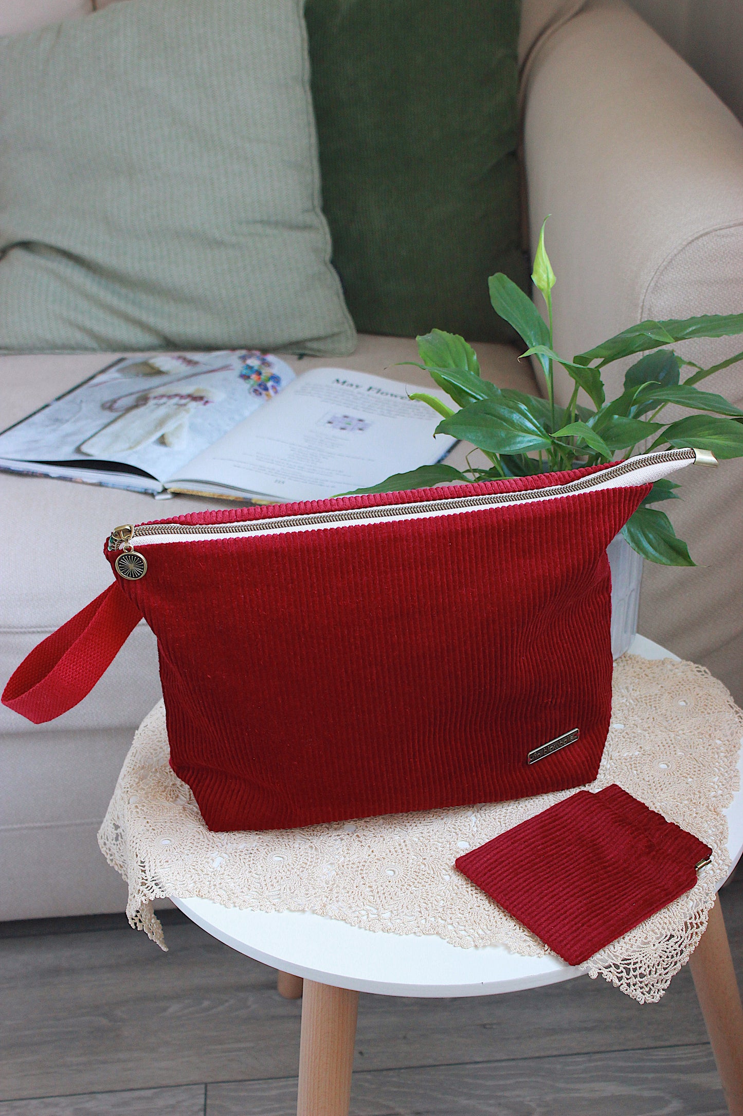 Burgundy Cotton Corduroy Knitting Project Bag & Squeeze Purse | Handmade To Order