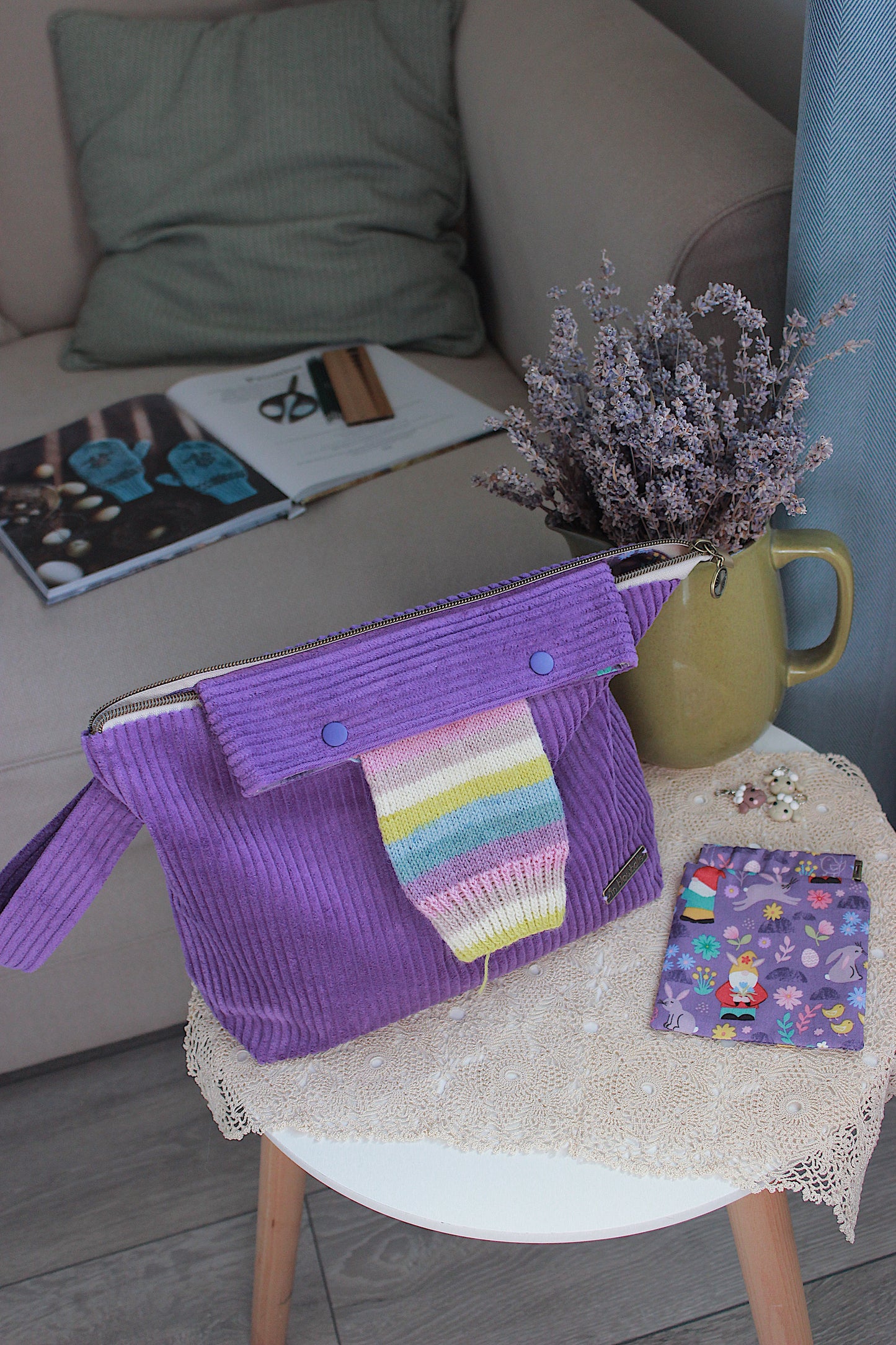 Easter Inspired Purple Corduroy Knitting Project Bag with Built-in Needle Holder & Matching Squeeze Purse
