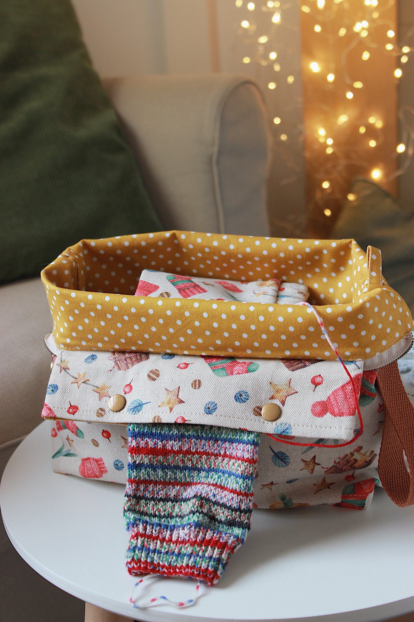 Christmas Knitting Project Bag with Built-in 20cm 8” Needle Holder | Printed Digital Canvas Fabric | Mustard Polka-dot Cotton Lining