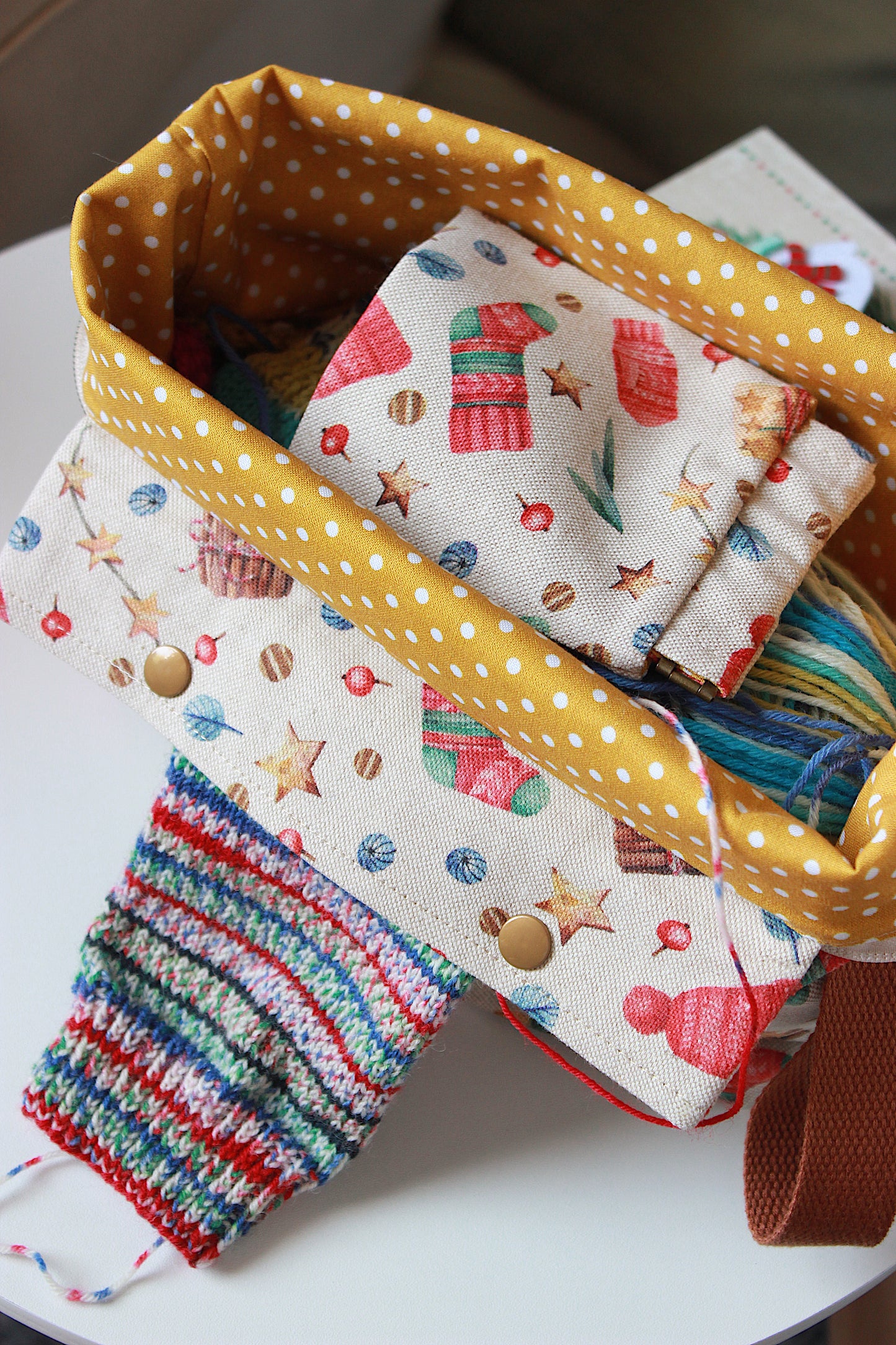 Christmas Knitting Project Bag with Built-in 20cm 8” Needle Holder | Printed Digital Canvas Fabric | Mustard Polka-dot Cotton Lining