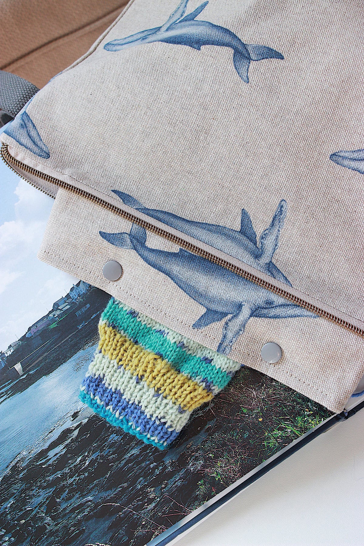 Knitting Project Bag with Built-in DPN Holder “Whales” Print  Printed Digital Canvas Fabric | Handmade To Order