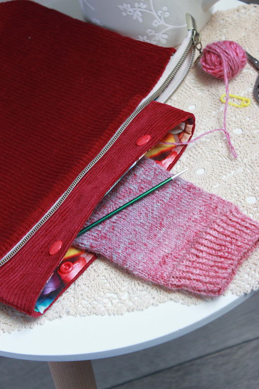 Burgundy Cotton Corduroy Knitting Project Bag & Squeeze Purse | Handmade To Order
