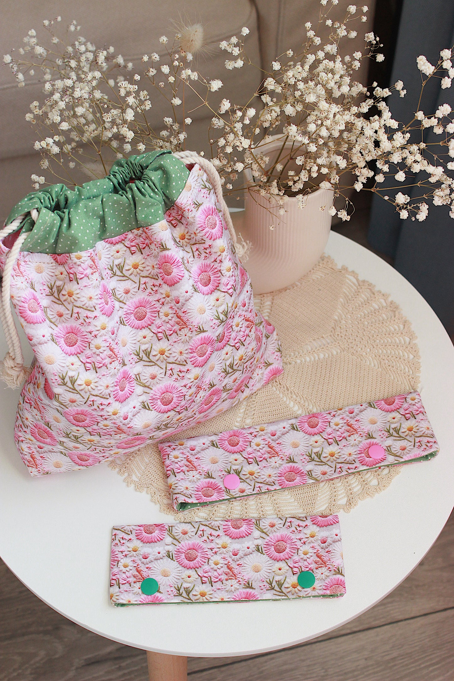 Embroidery Look Pink Floral Drawstring Project Bag & DPN/Crochet Hook Holder
