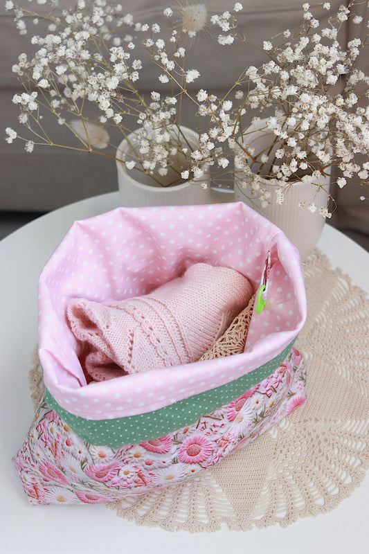 Embroidery Look Pink Floral Drawstring Project Bag & DPN/Crochet Hook Holder