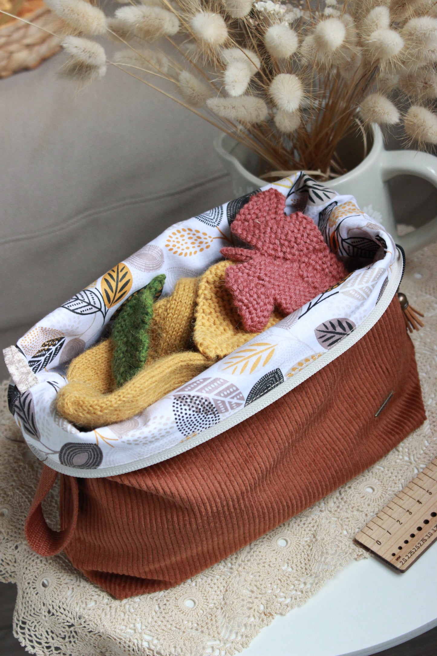 Handmade to Order|Autumn Vibes Corduroy Knitting Project Bag with Built-in Needle Holder