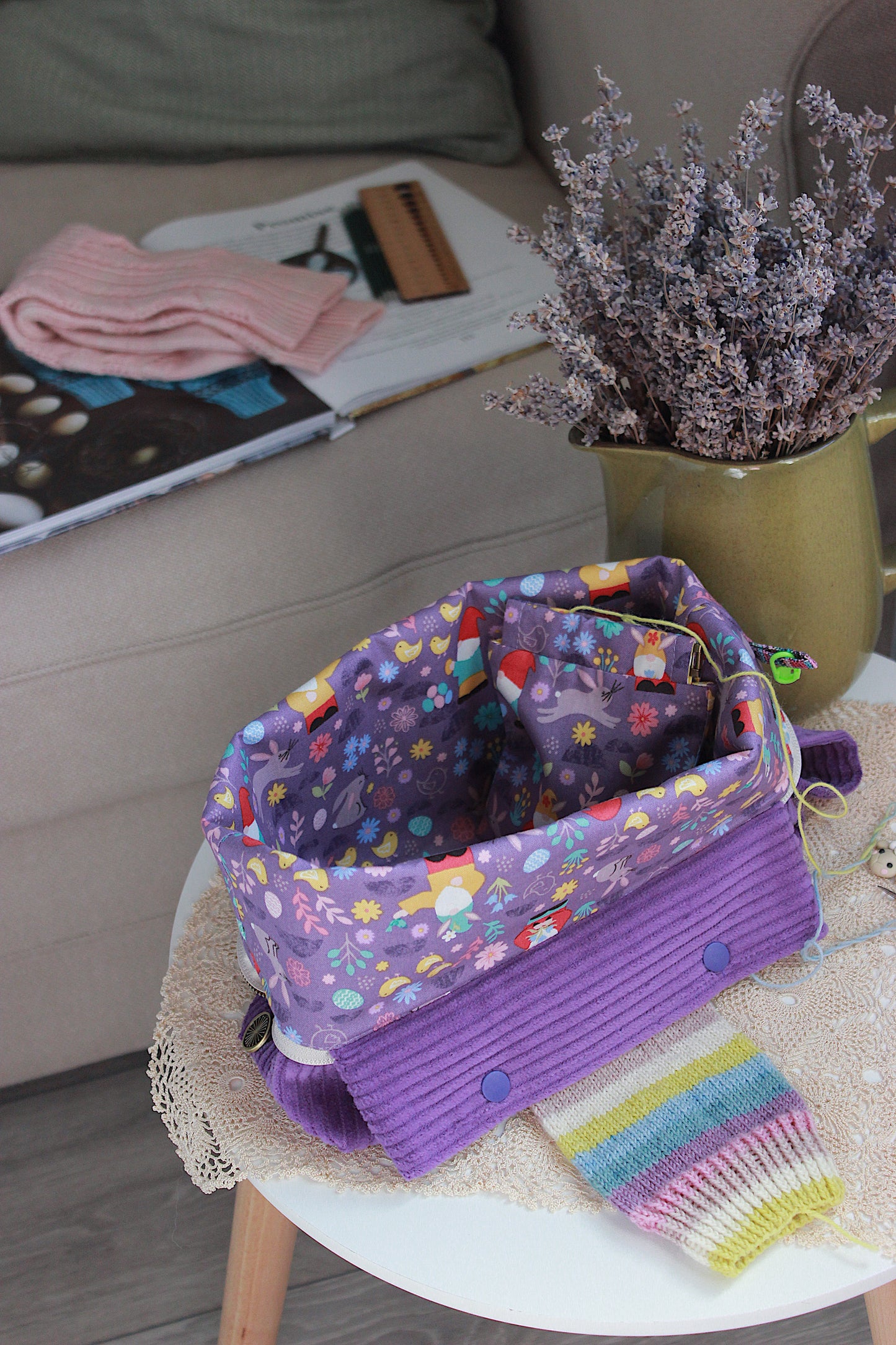 Easter Inspired Purple Corduroy Knitting Project Bag with Built-in Needle Holder & Matching Squeeze Purse