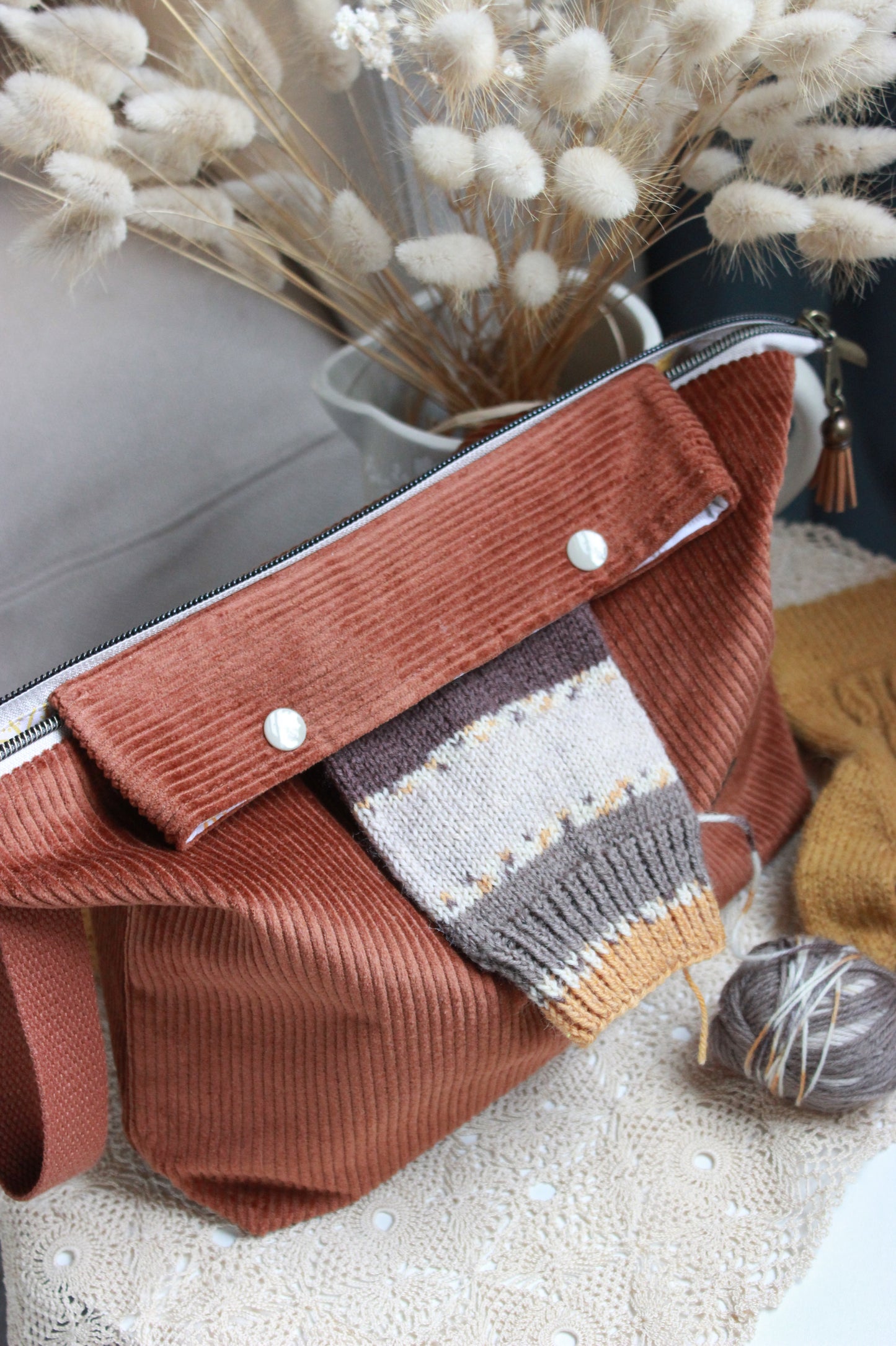 Handmade to Order|Autumn Vibes Corduroy Knitting Project Bag with Built-in Needle Holder