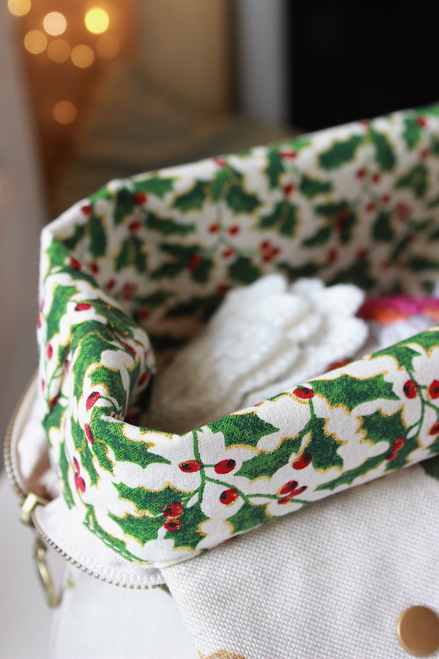 Christmas Knitting Project Bag with Built-in 20cm 8” Needle Holder | Printed Digital Canvas Fabric | Glitter Cotton Lining
