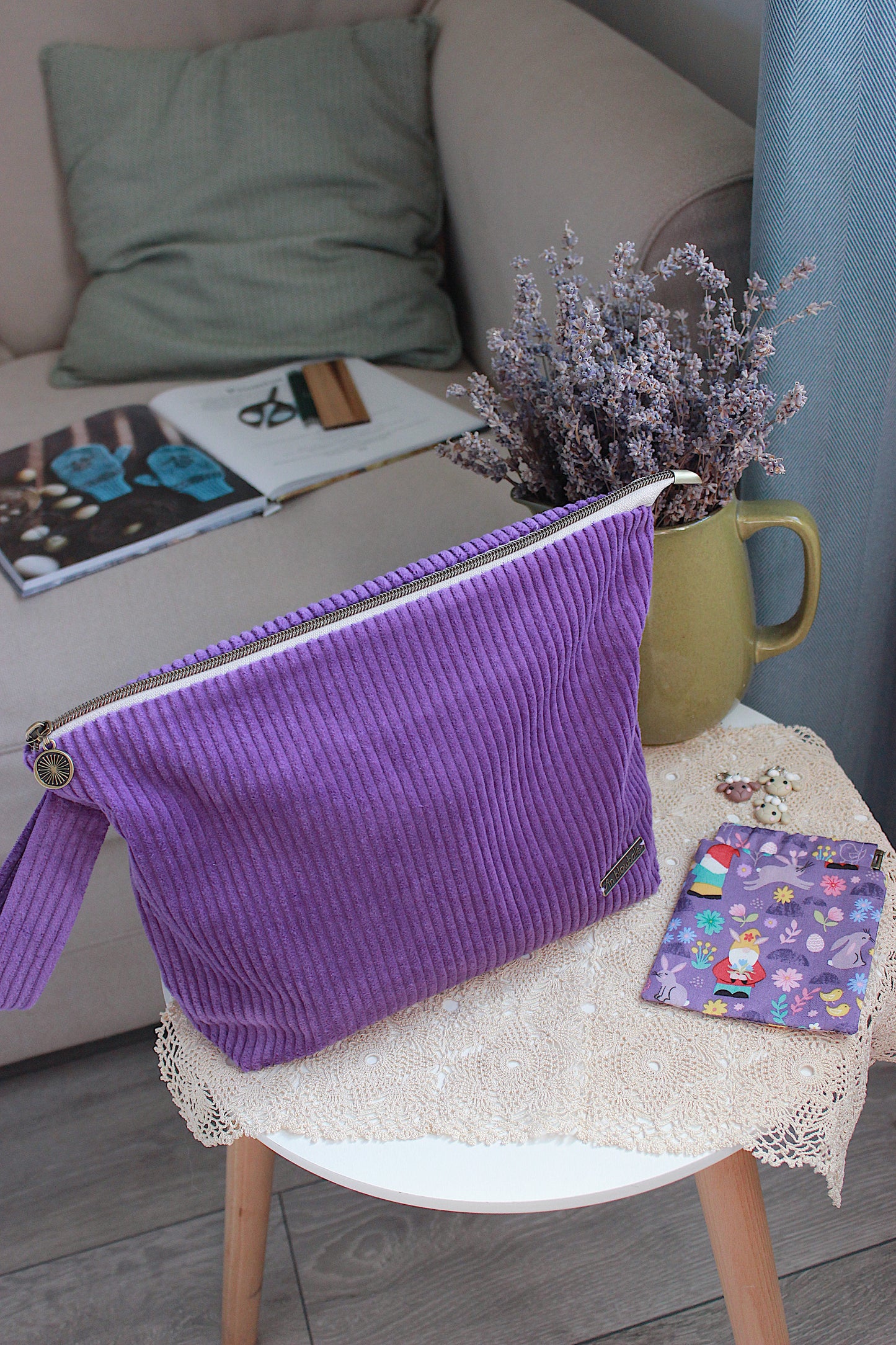 Easter Inspired Purple Corduroy Knitting Project Bag with Built-in Needle Holder & Matching Squeeze Purse