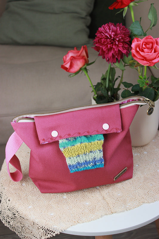 Magenta Canvas Knitting Project Bag with Built-in DPN Holder