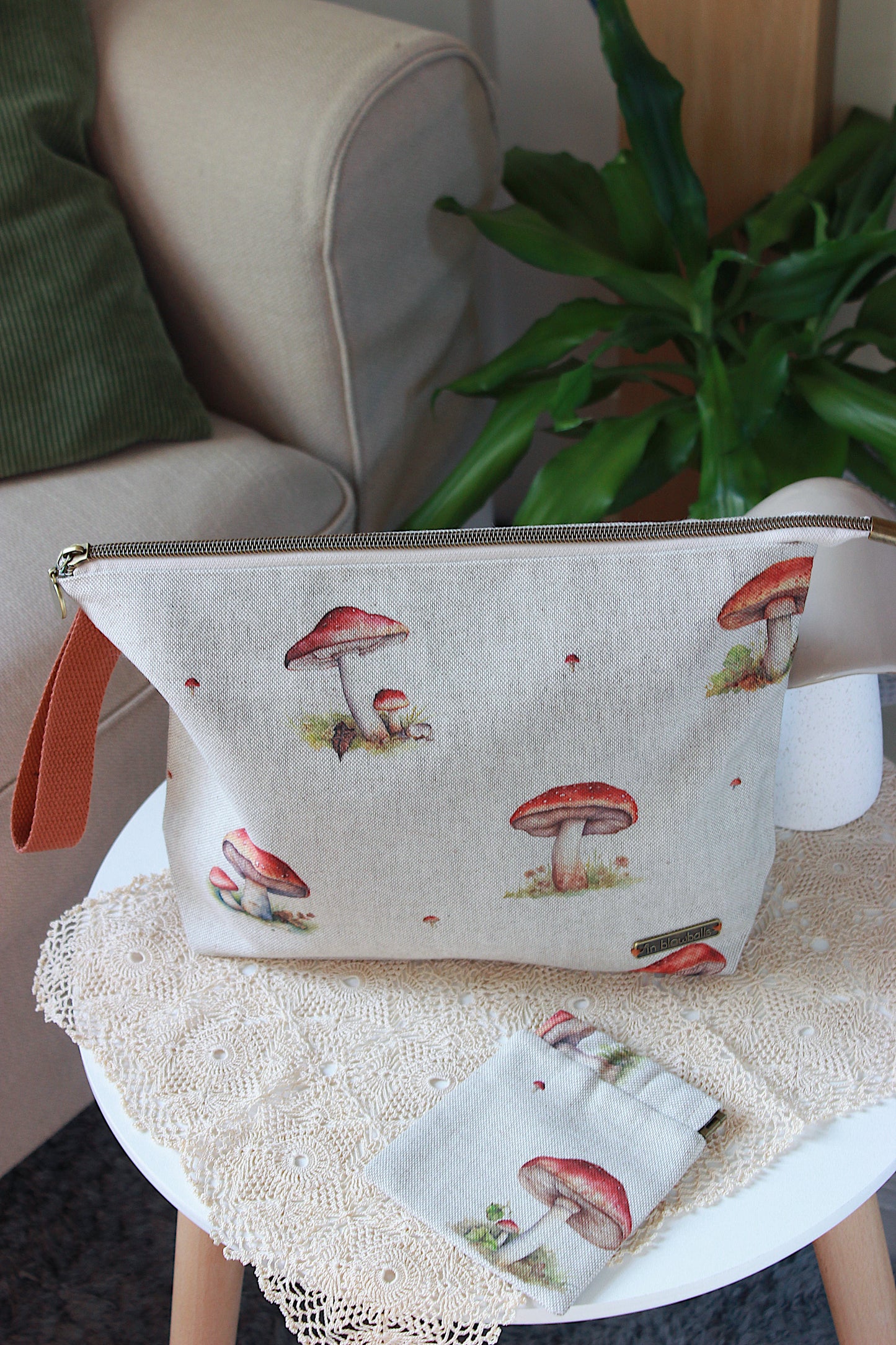 Knitting Project Bag with Built-in 20cm 8” DPN Holder & Matching Squeeze Purse | Mushrooms Printed Digital Canvas Fabric
