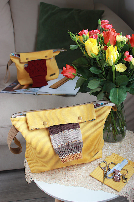 Yellow Corduroy Knitting Project Bag with Built-in Needle Holder & Matching Squeeze Purse |Handmade To Order